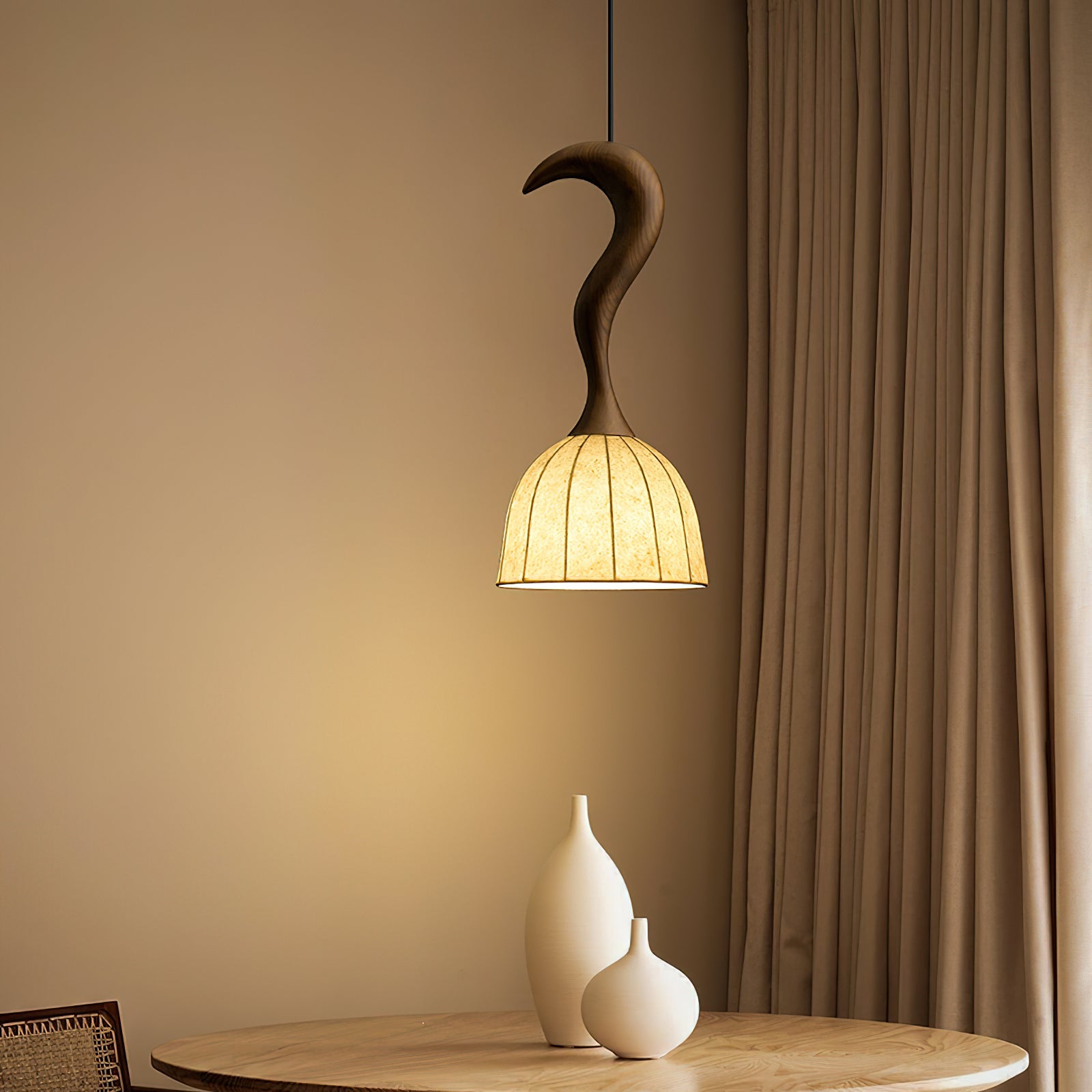 Solia Pendant Lamp Curved Stem & Fabric Wooden - Letslighting