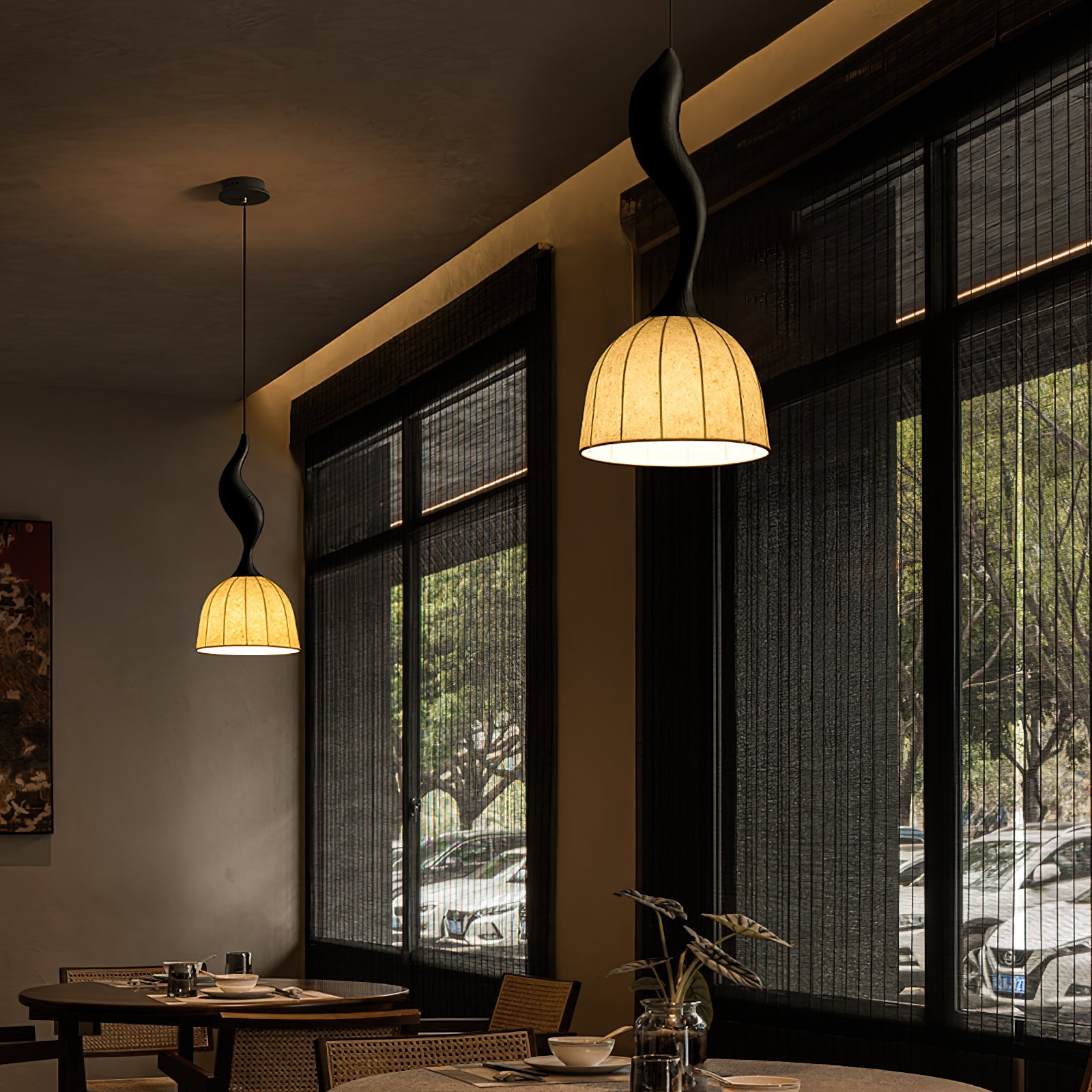 Solia Pendant Lamp Curved Stem & Fabric Wooden - Letslighting