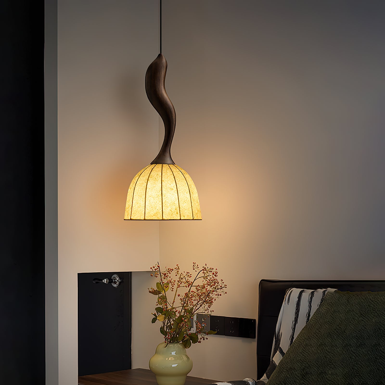 Solia Pendant Lamp Curved Stem & Fabric Wooden - Letslighting