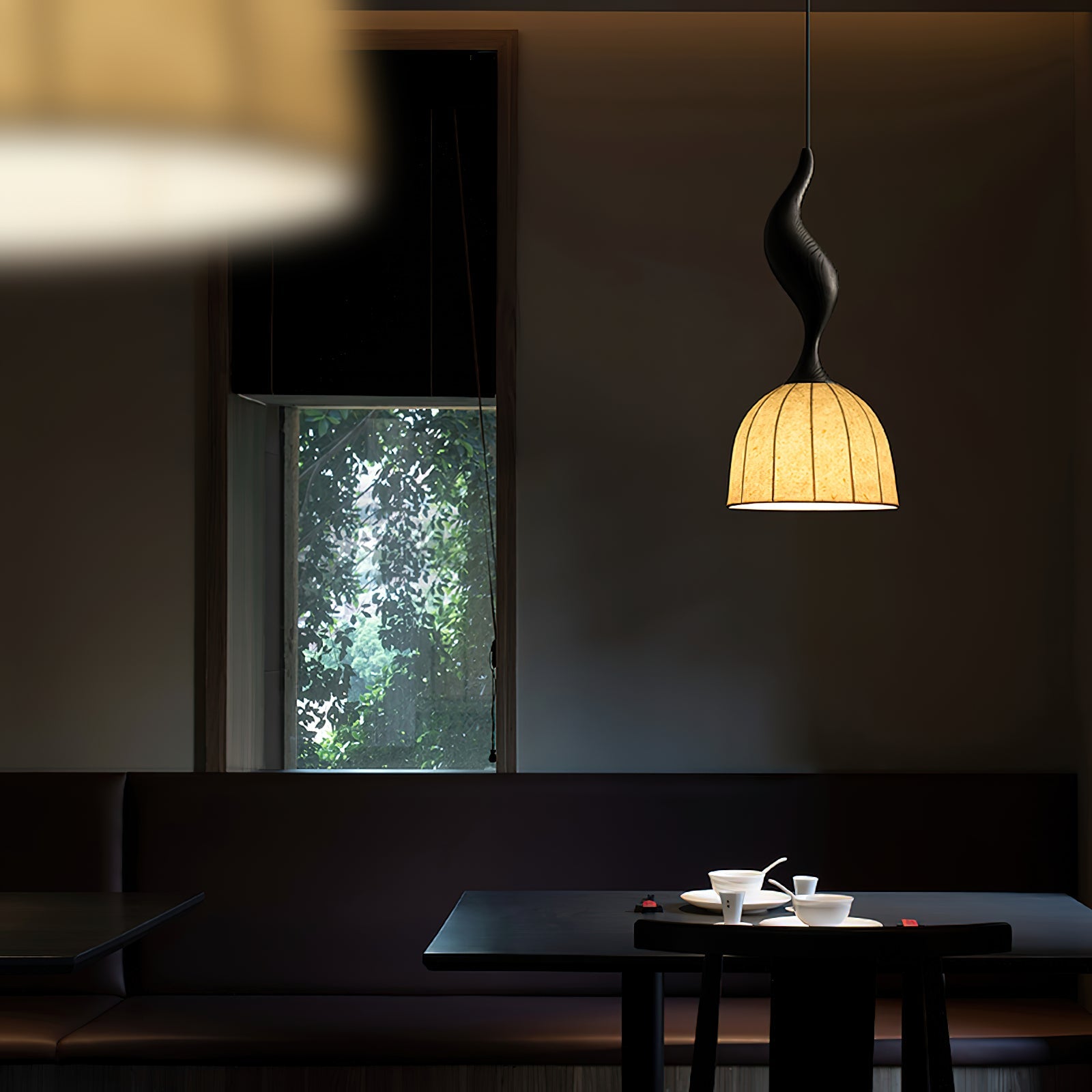 Solia Pendant Lamp Curved Stem & Fabric Wooden - Letslighting