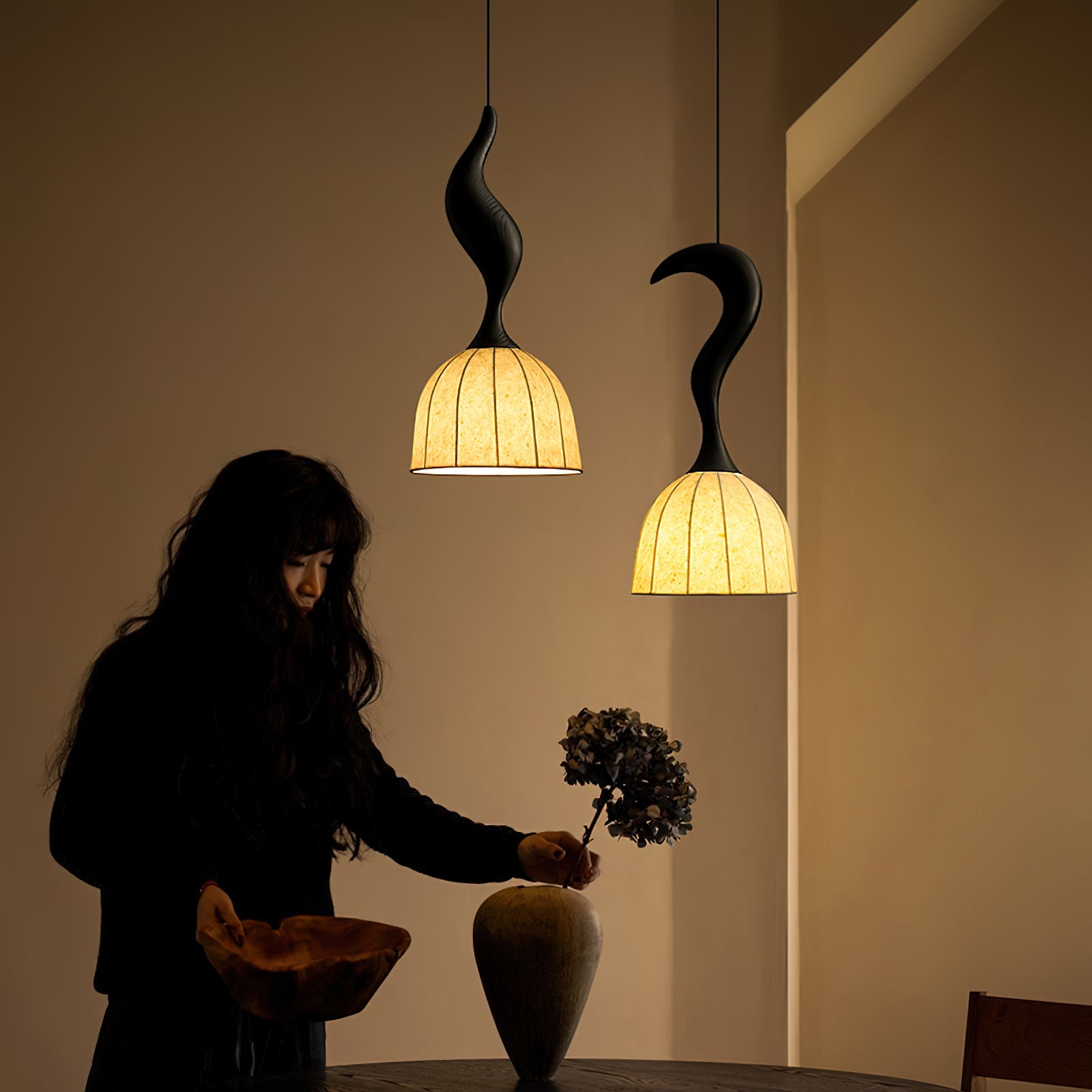 Solia Pendant Lamp Curved Stem & Fabric Wooden - Letslighting