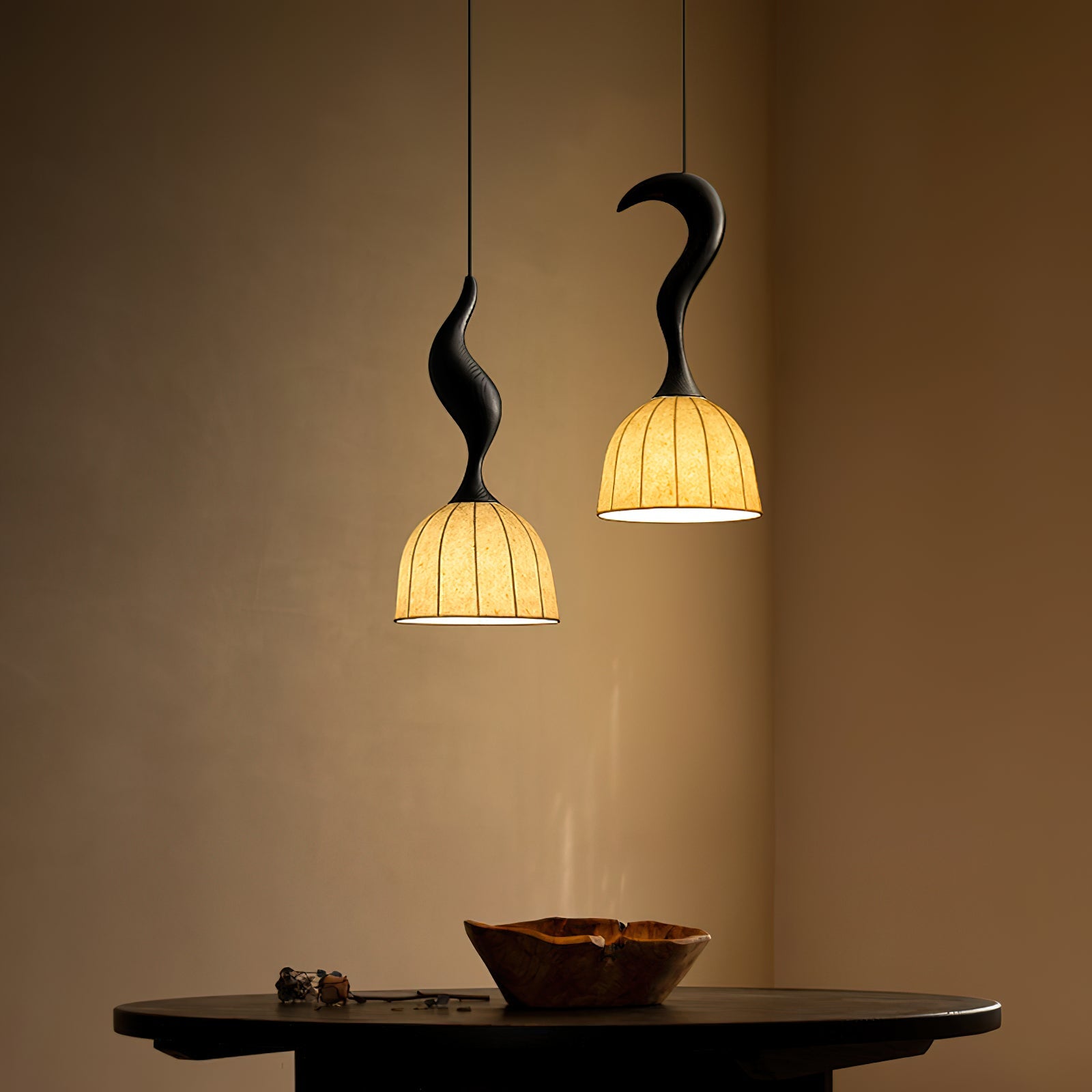 Solia Pendant Lamp Curved Stem & Fabric Wooden - Letslighting