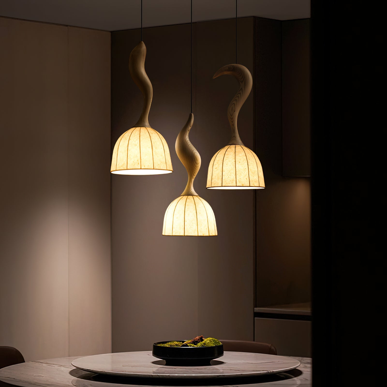 Solia Pendant Lamp Curved Stem & Fabric Wooden - Letslighting