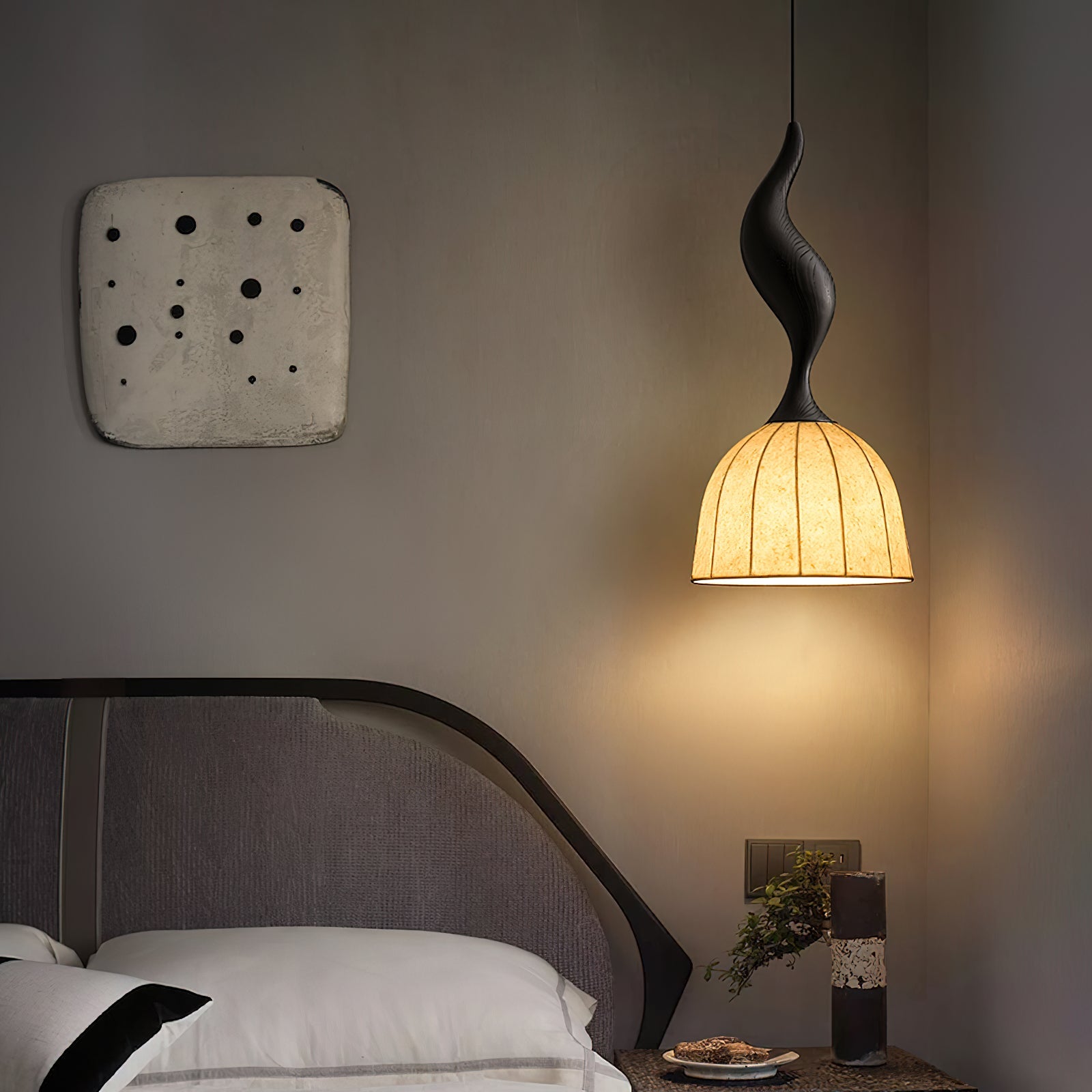 Solia Pendant Lamp Curved Stem & Fabric Wooden - Letslighting