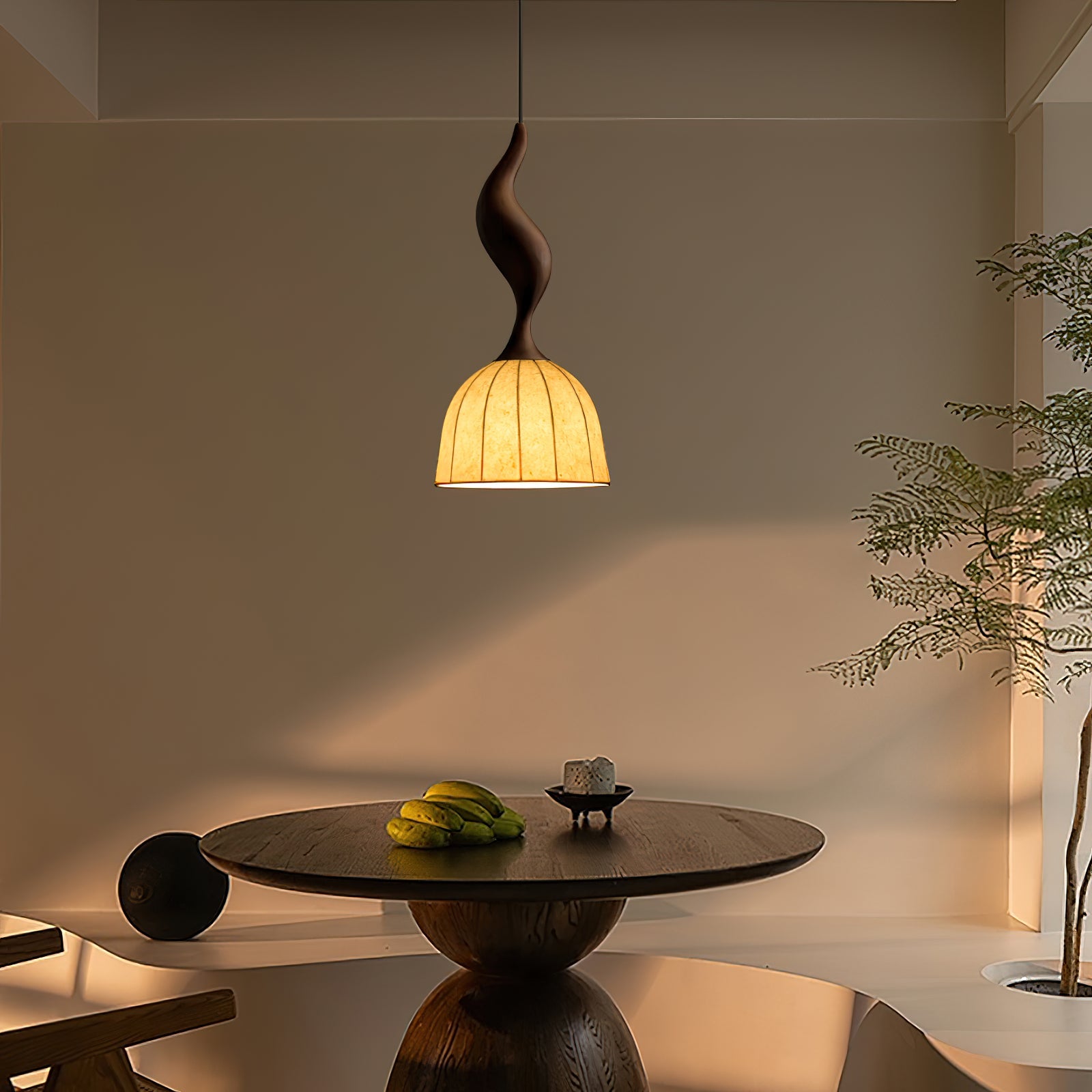 Solia Pendant Lamp Curved Stem & Fabric Wooden - Letslighting