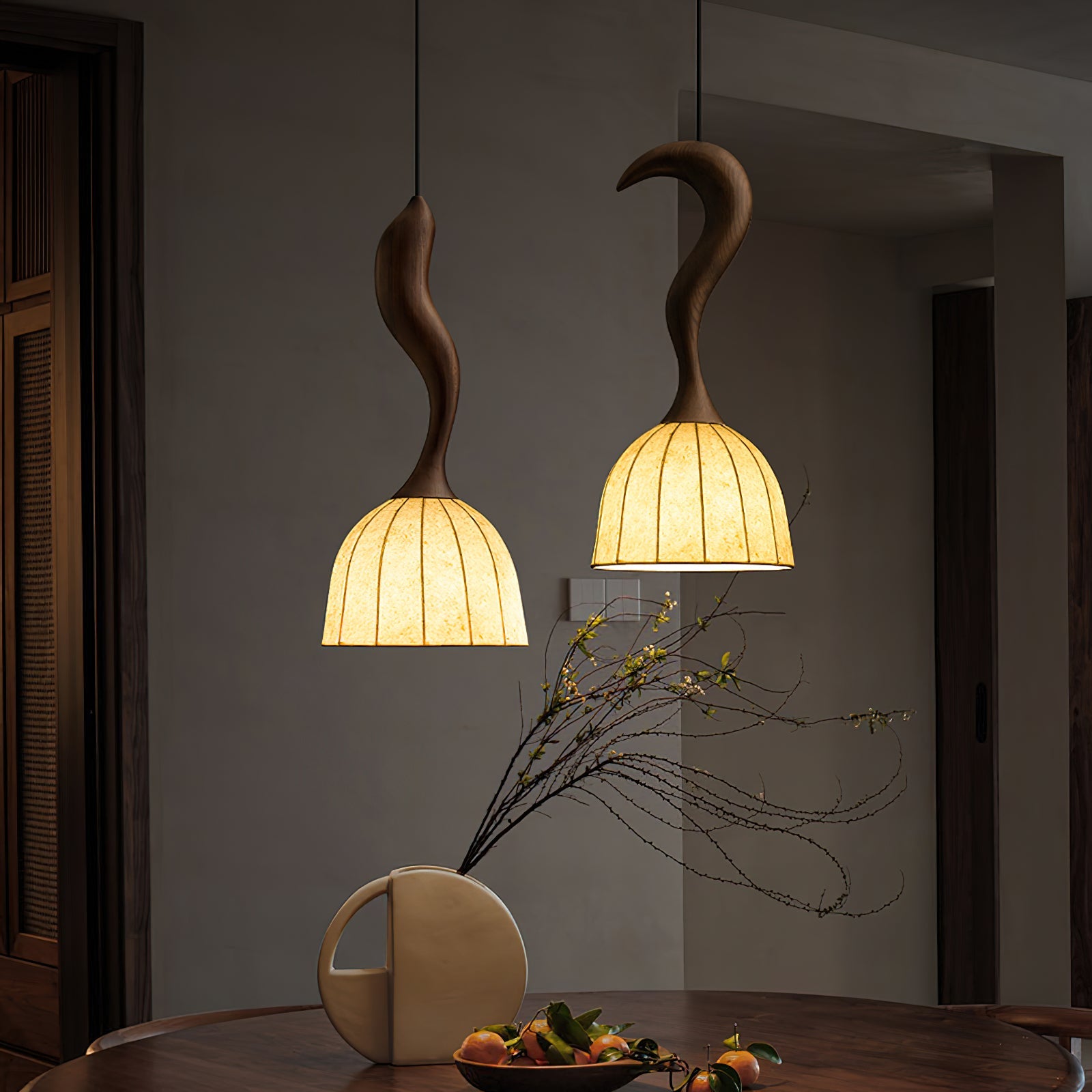 Solia Pendant Lamp Curved Stem & Fabric Wooden - Letslighting