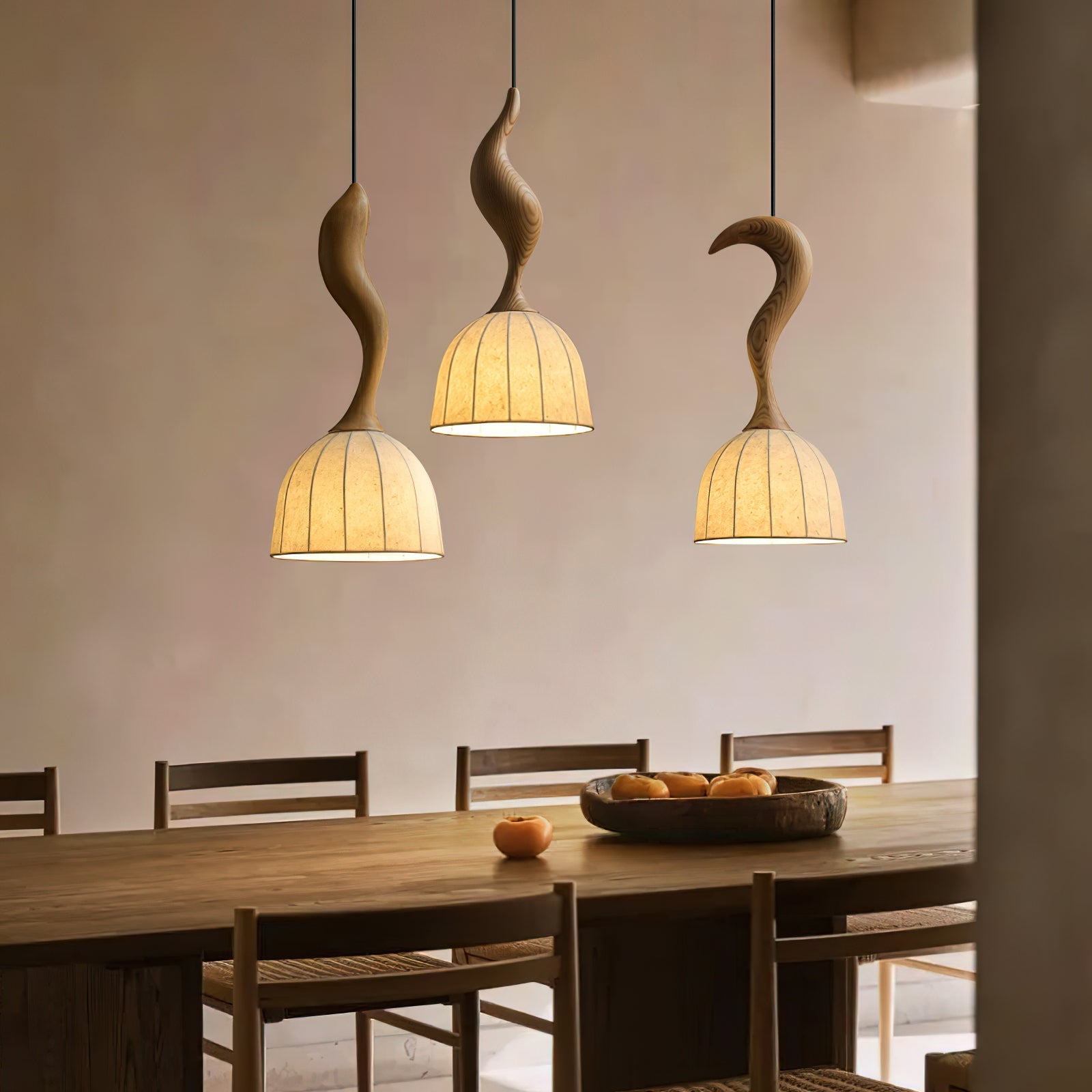 Solia Pendant Lamp Curved Stem & Fabric Wooden - Letslighting