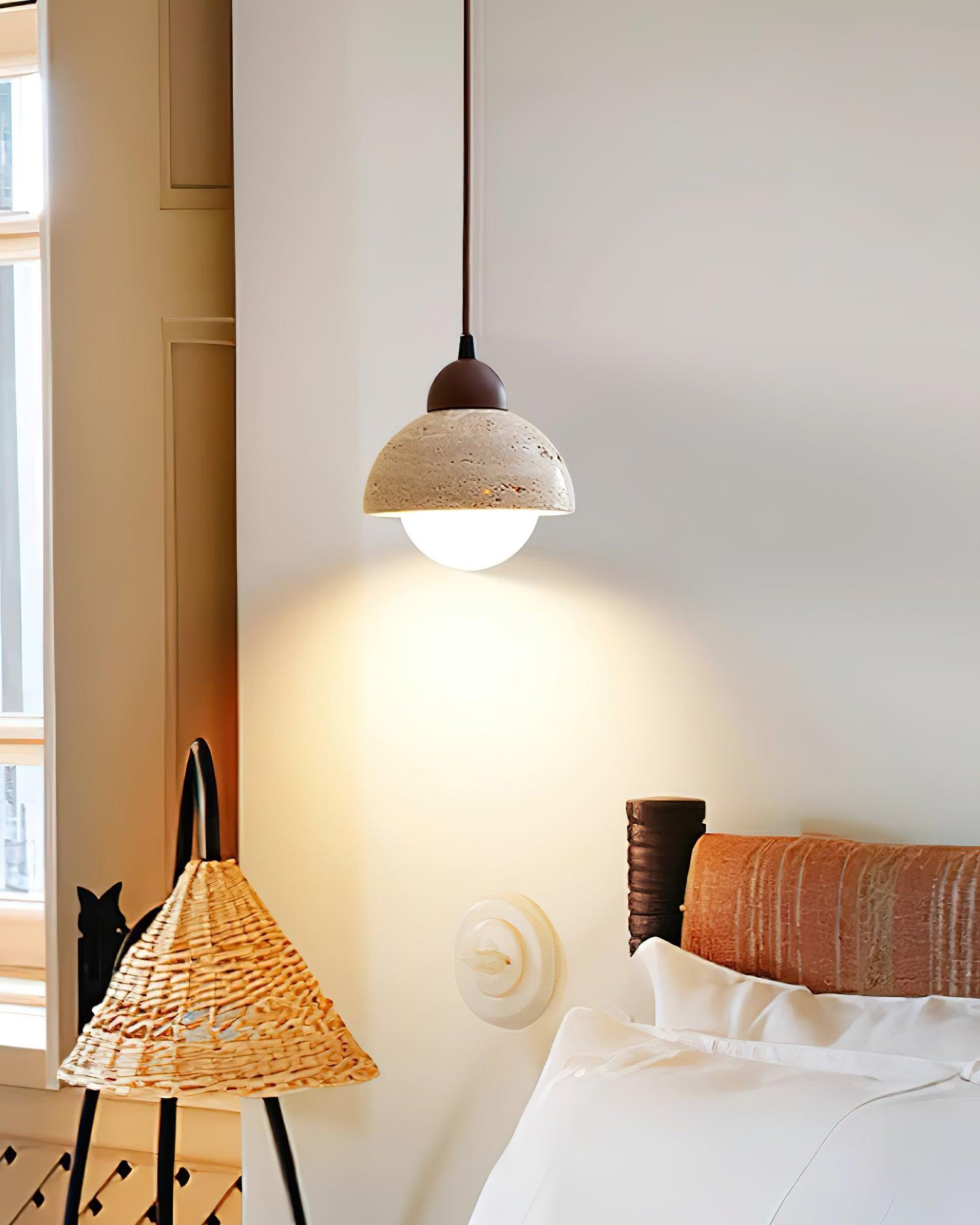 Pendant Lamp Wood Top Yellow Travertine Glass Shade White Beige Modern - Letslighting
