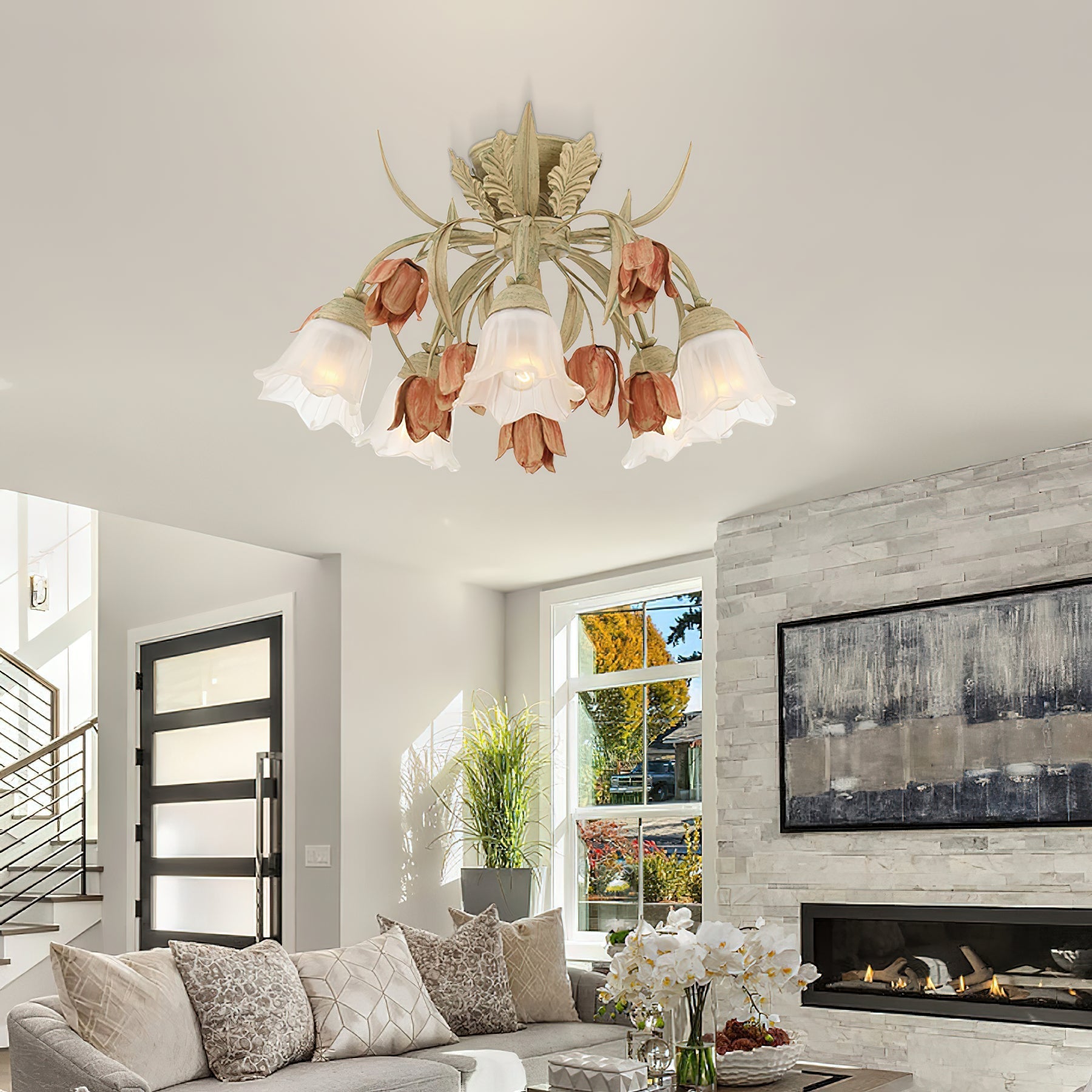Veshael Elegance Art Sage Rose Glass Ceiling Lamp - Letslighting