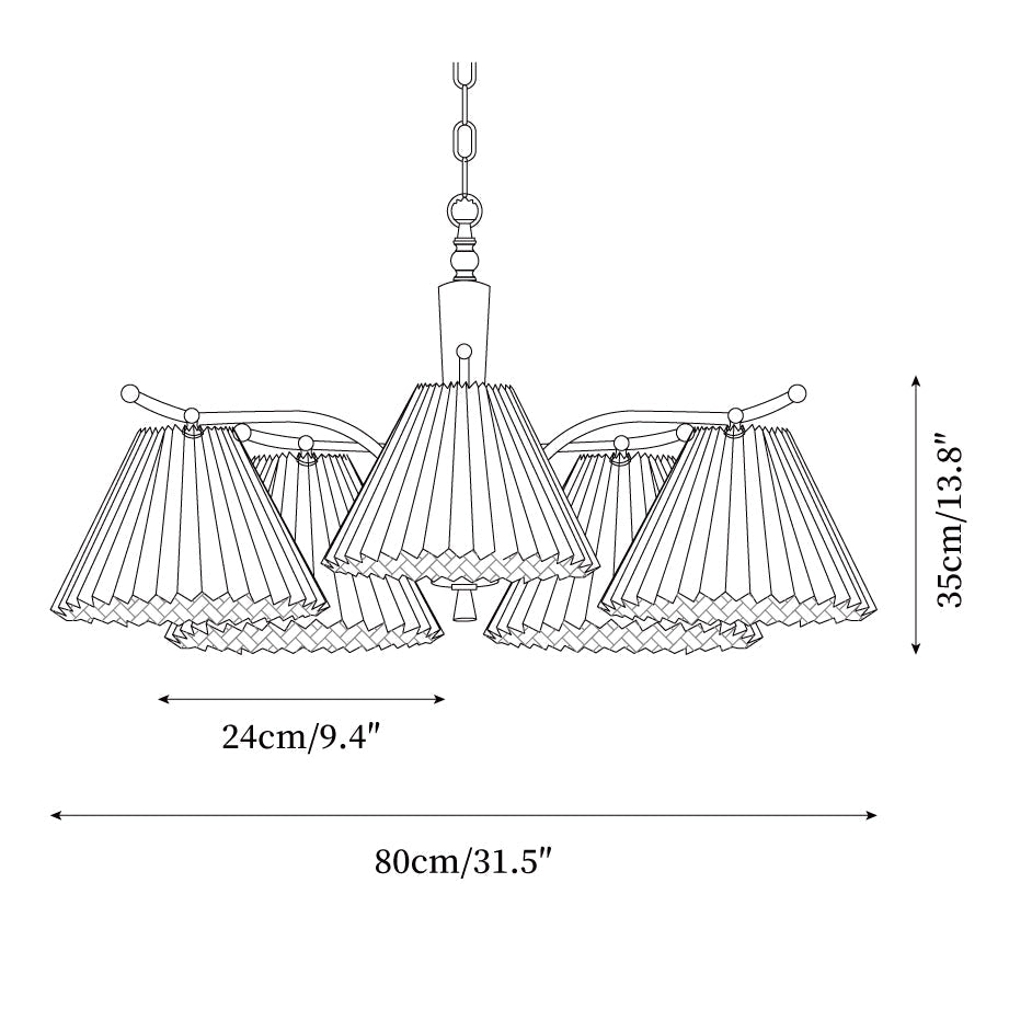 Chandelier Pleated Fabric Shades Walnut Brass Arms Warm Retro - Letslighting
