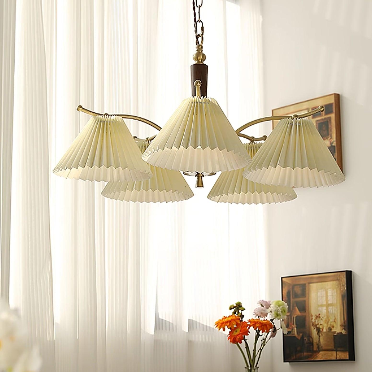 Chandelier Pleated Fabric Shades Walnut Brass Arms Warm Retro - Letslighting
