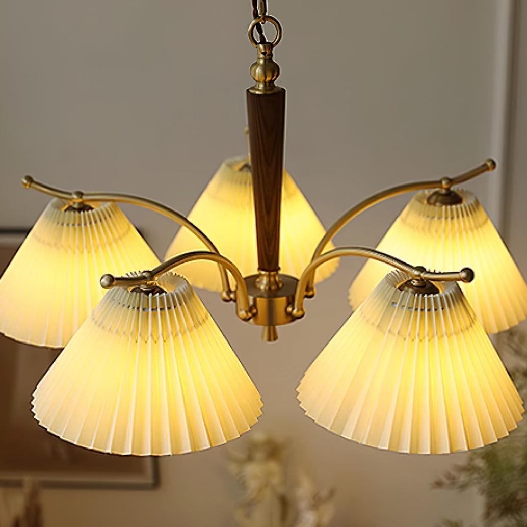 Chandelier Pleated Fabric Shades Walnut Brass Arms Warm Retro - Letslighting