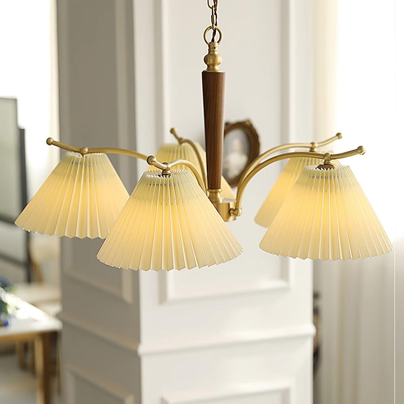 Chandelier Pleated Fabric Shades Walnut Brass Arms Warm Retro - Letslighting