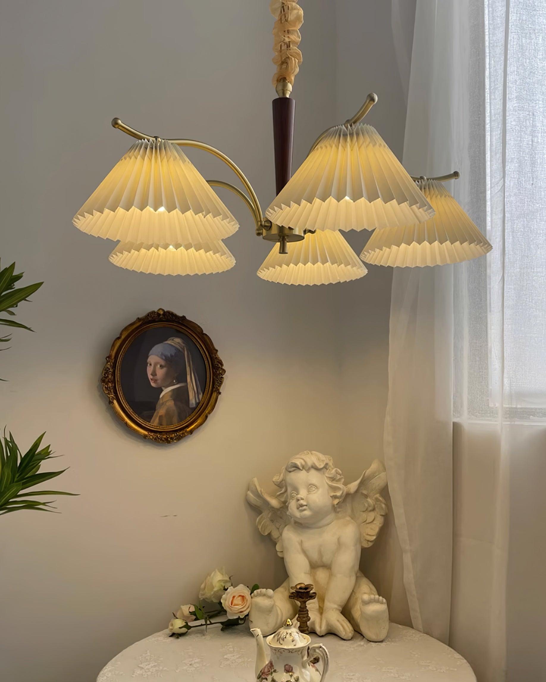 Chandelier Pleated Fabric Shades Walnut Brass Arms Warm Retro - Letslighting