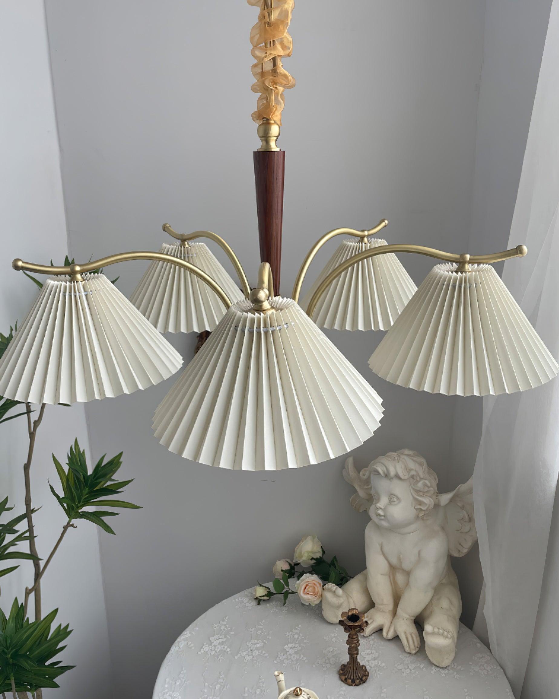 Chandelier Pleated Fabric Shades Walnut Brass Arms Warm Retro - Letslighting