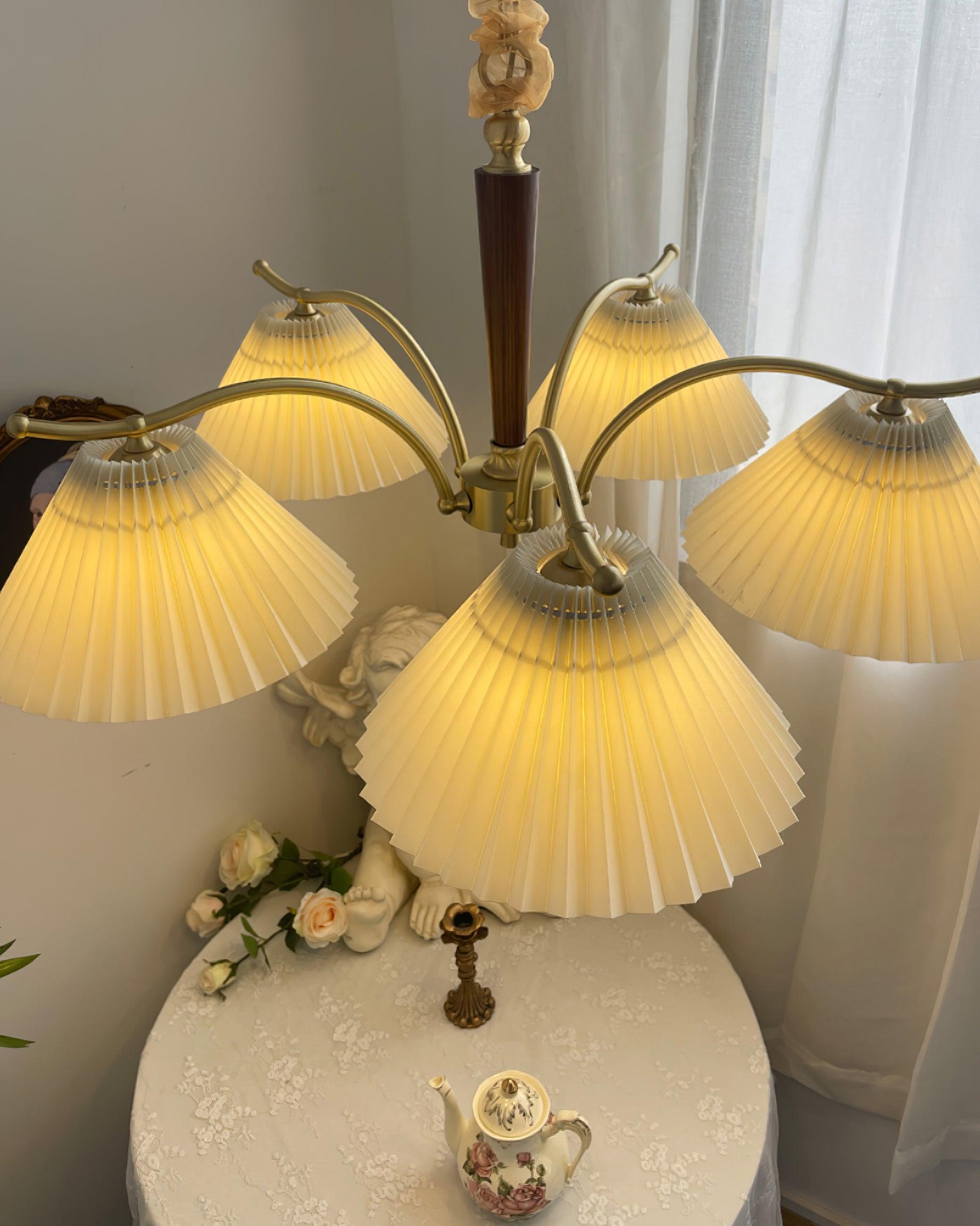 Chandelier Pleated Fabric Shades Walnut Brass Arms Warm Retro - Letslighting