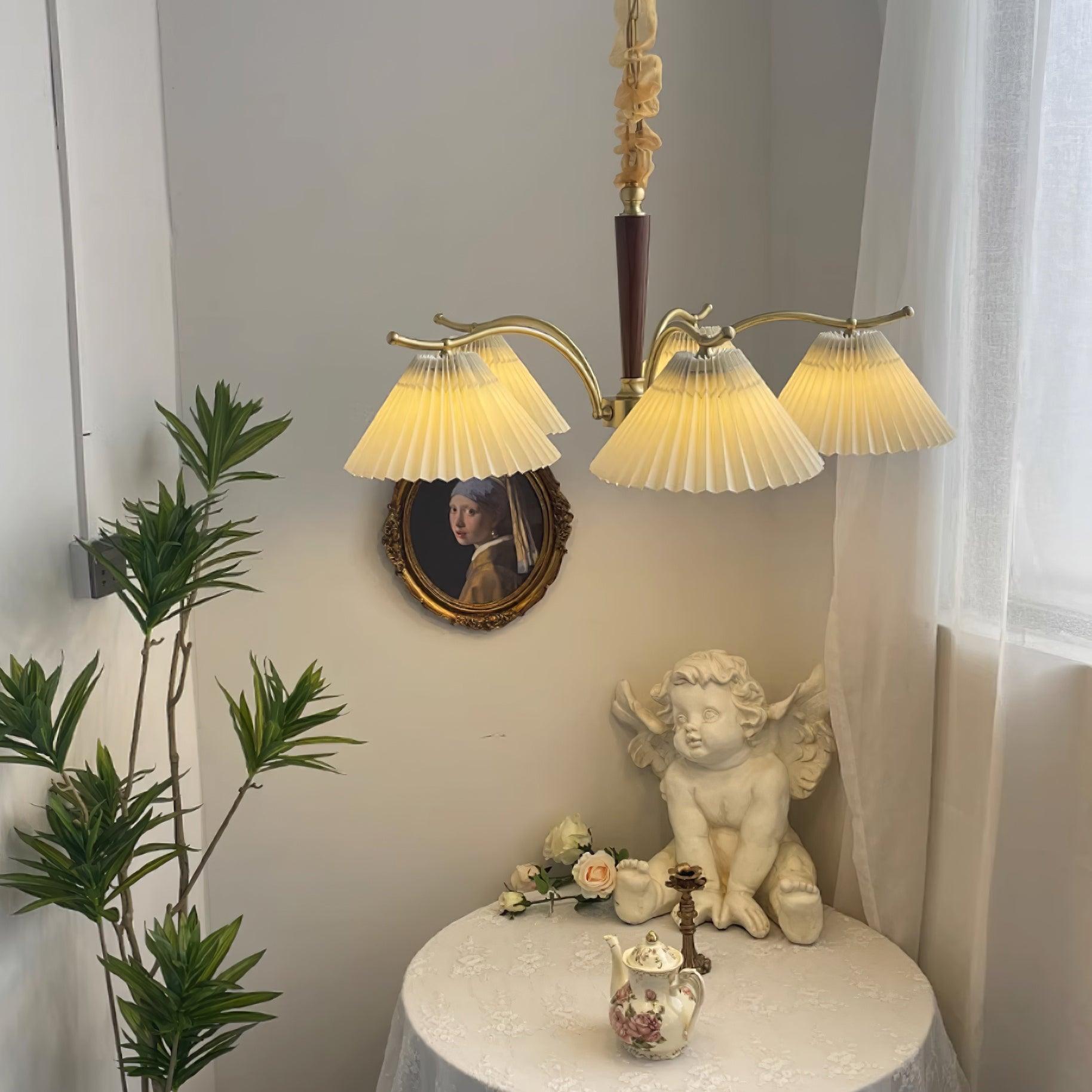 Chandelier Pleated Fabric Shades Walnut Brass Arms Warm Retro - Letslighting