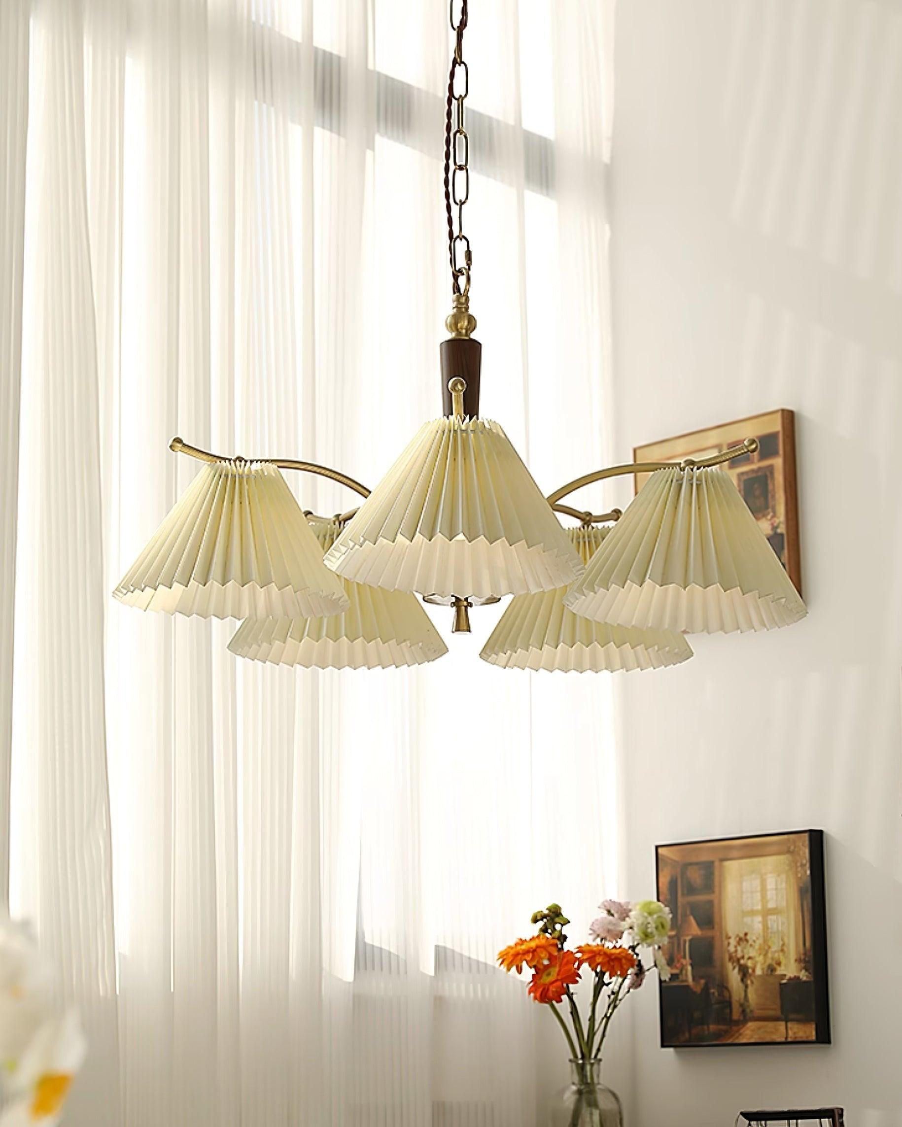 Chandelier Pleated Fabric Shades Walnut Brass Arms Warm Retro - Letslighting