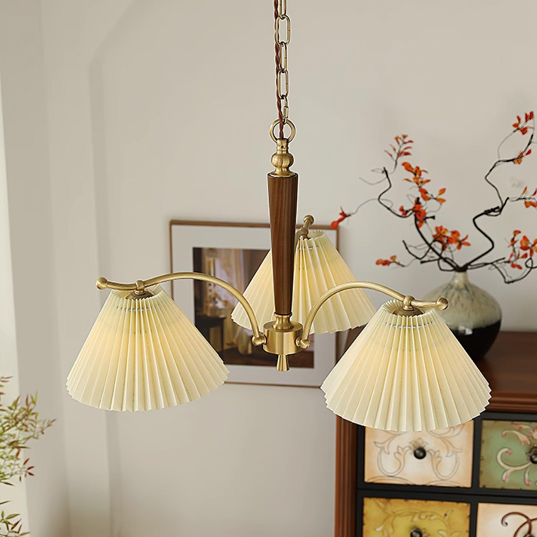 Chandelier Pleated Fabric Shades Walnut Brass Arms Warm Retro - Letslighting