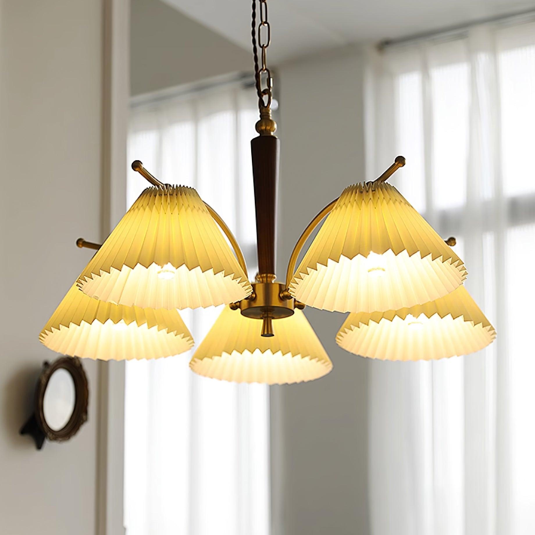 Chandelier Pleated Fabric Shades Walnut Brass Arms Warm Retro - Letslighting