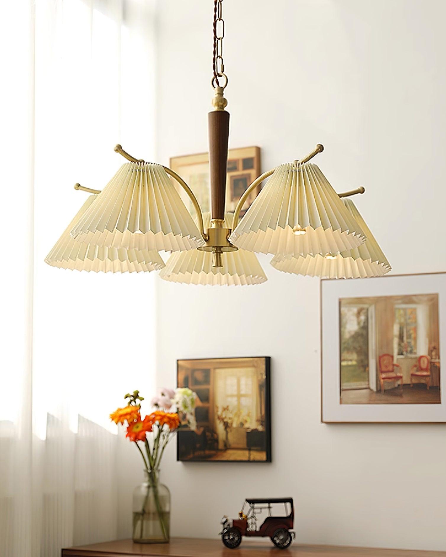 Chandelier Pleated Fabric Shades Walnut Brass Arms Warm Retro - Letslighting