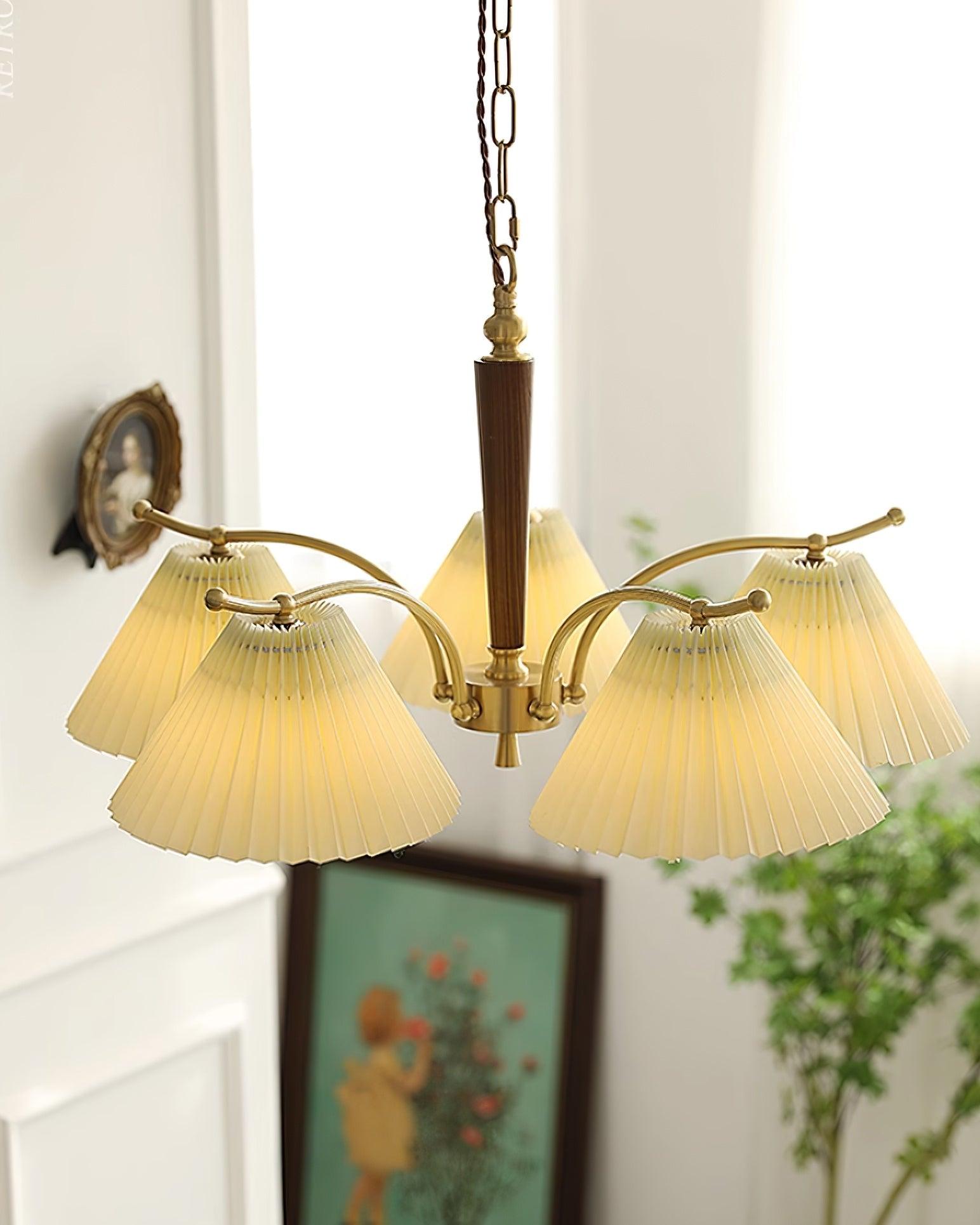 Chandelier Pleated Fabric Shades Walnut Brass Arms Warm Retro - Letslighting