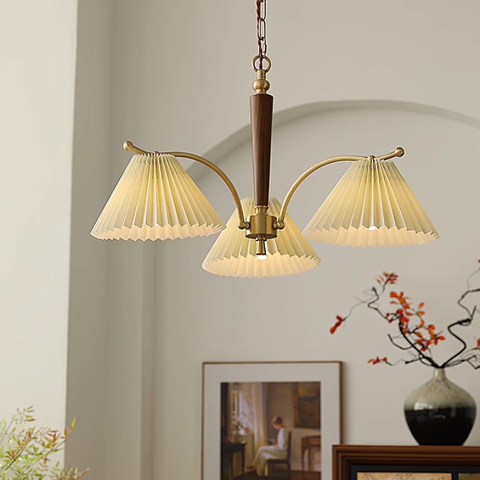 Chandelier Pleated Fabric Shades Walnut Brass Arms Warm Retro - Letslighting