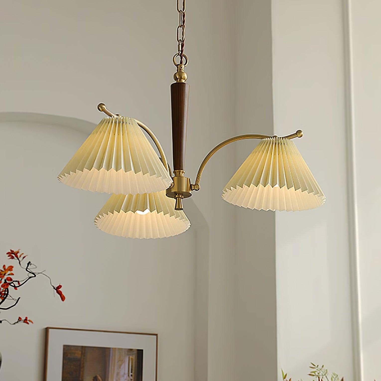Chandelier Pleated Fabric Shades Walnut Brass Arms Warm Retro - Letslighting