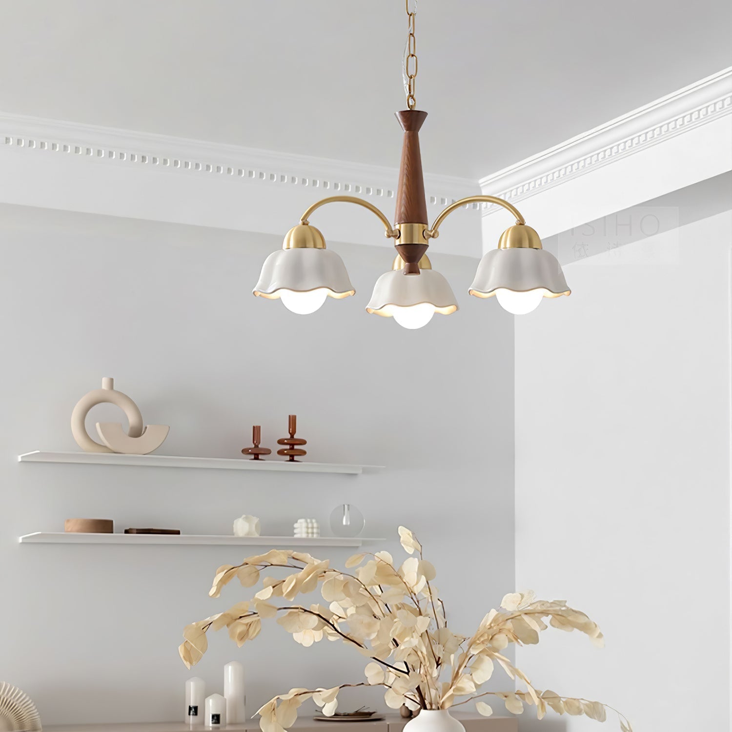 Lustra Chandelier Brass Wood Opaline Ceramic - Letslighting