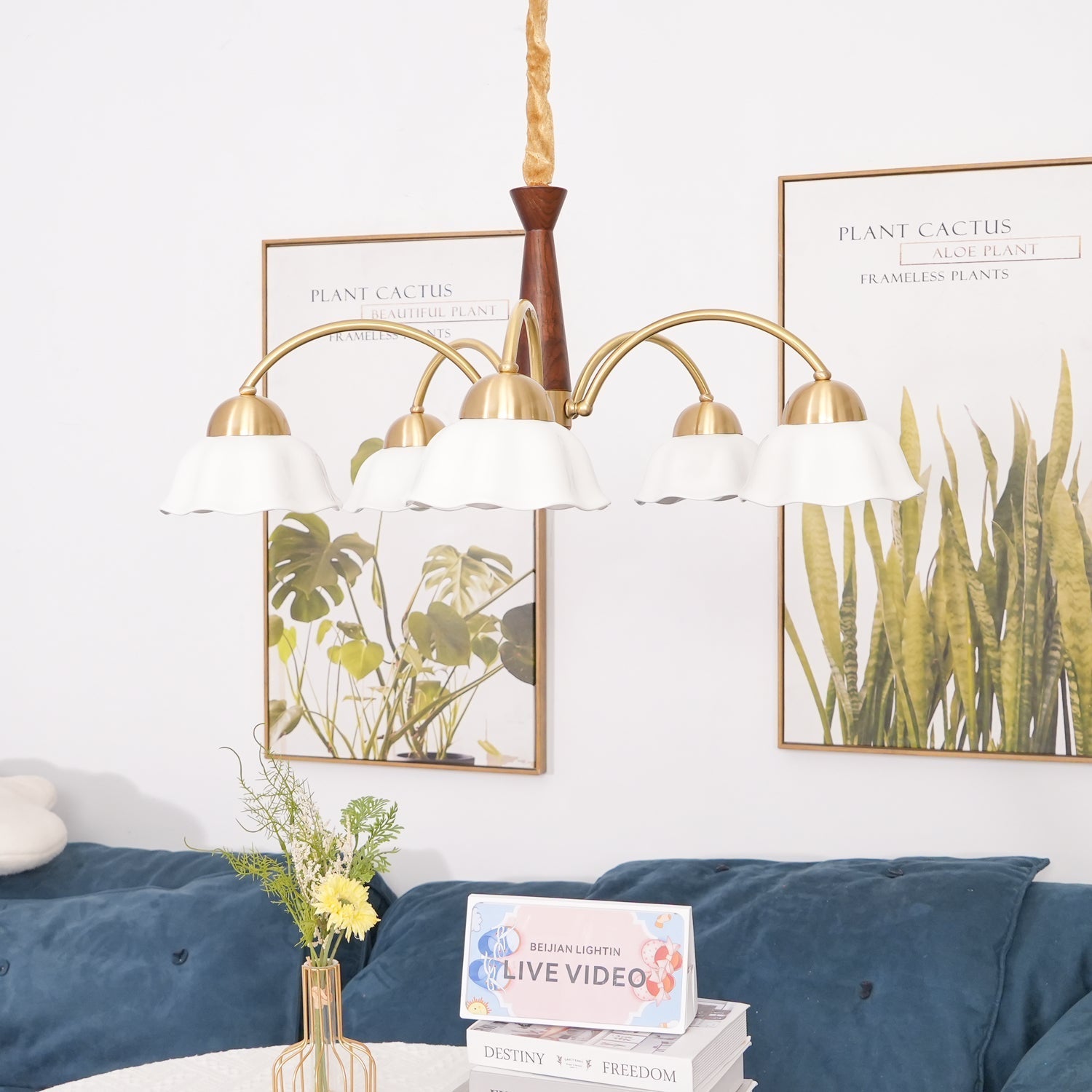 Lustra Chandelier Brass Wood Opaline Ceramic - Letslighting