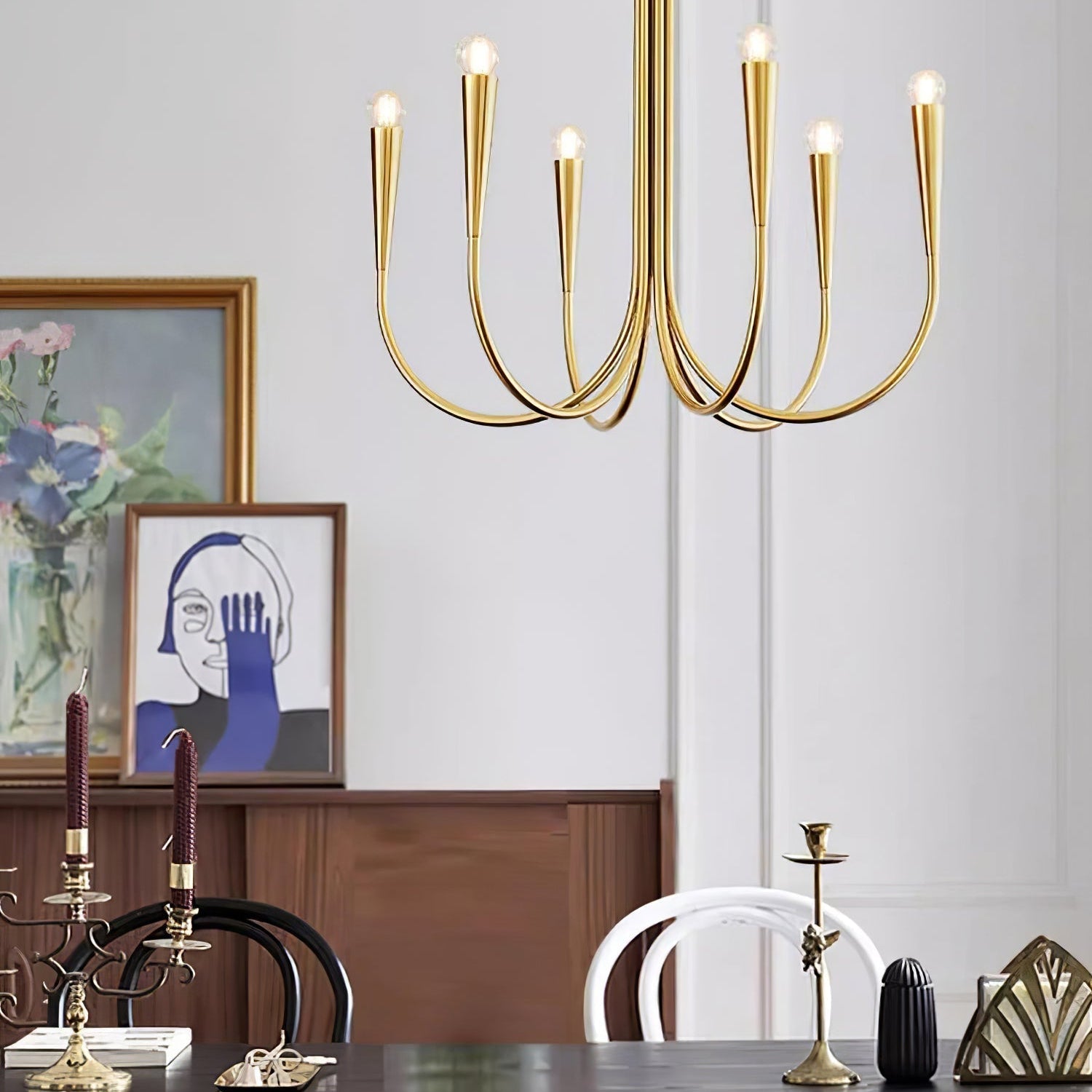 Lustra Chandelier Swoop Arm Brass Minimalist - Letslighting