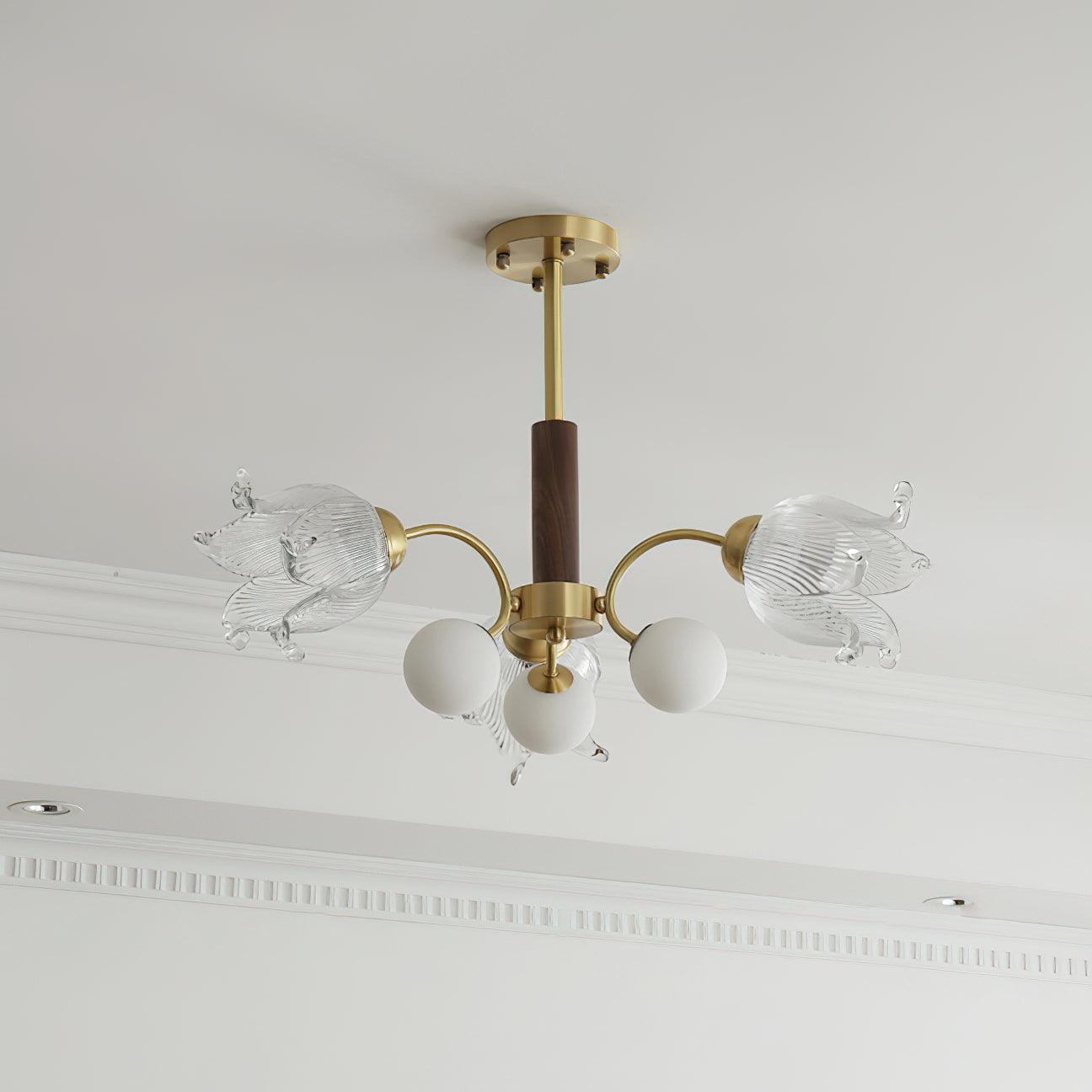 Talia Chandelier Glass Pleated Shades Brass Wood - Letslighting