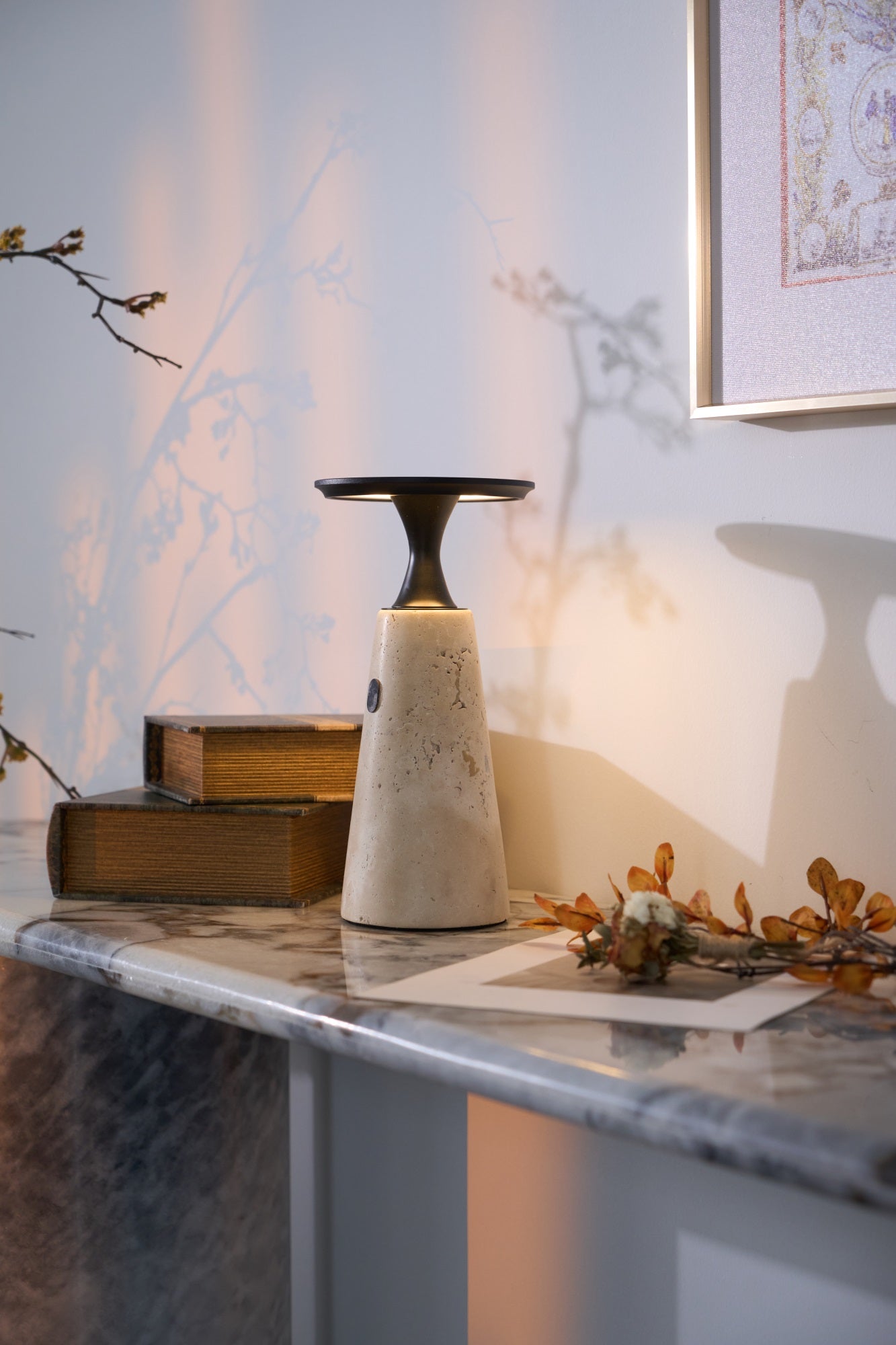 Vespera Sculptural Travertine Table Lamp - Letslighting
