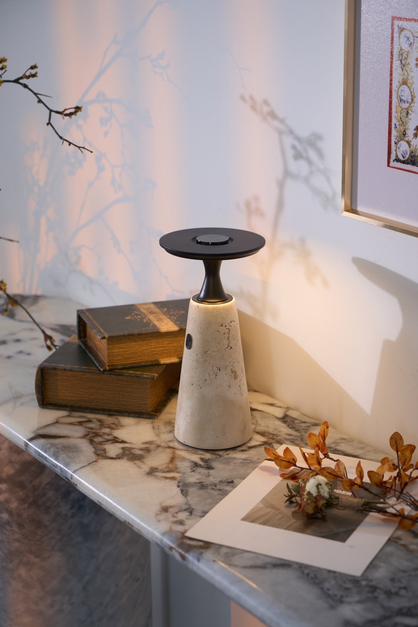 Vespera Sculptural Travertine Table Lamp - Letslighting