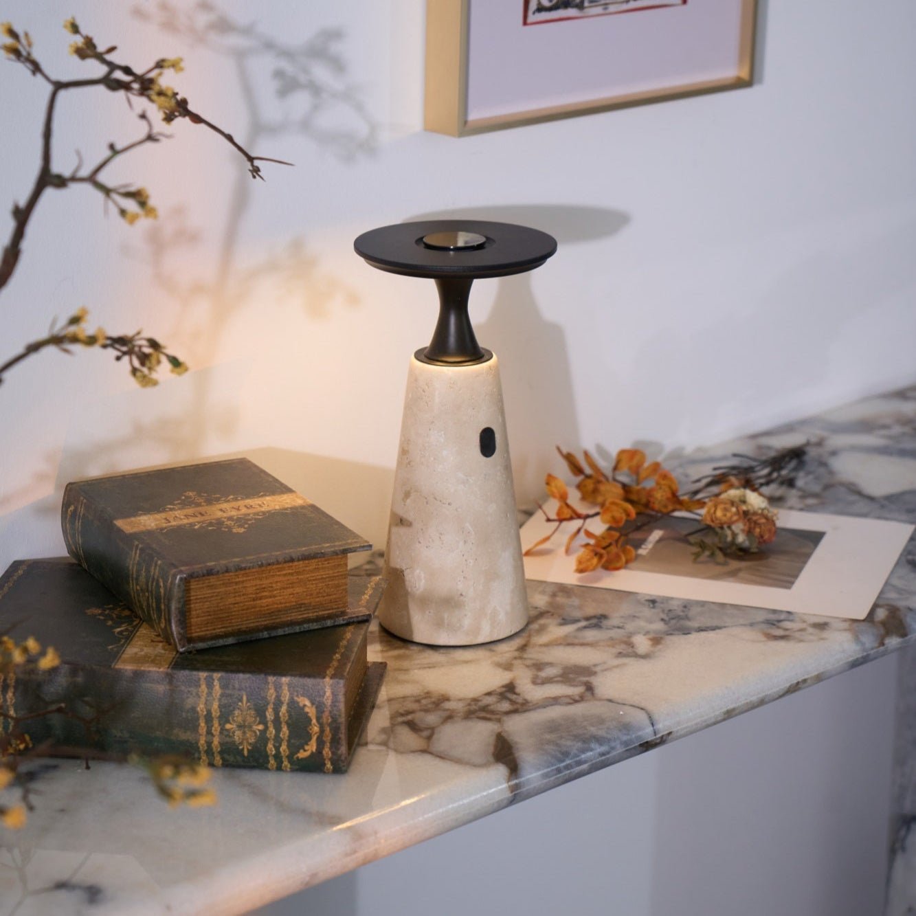 Vespera Sculptural Travertine Table Lamp - Letslighting