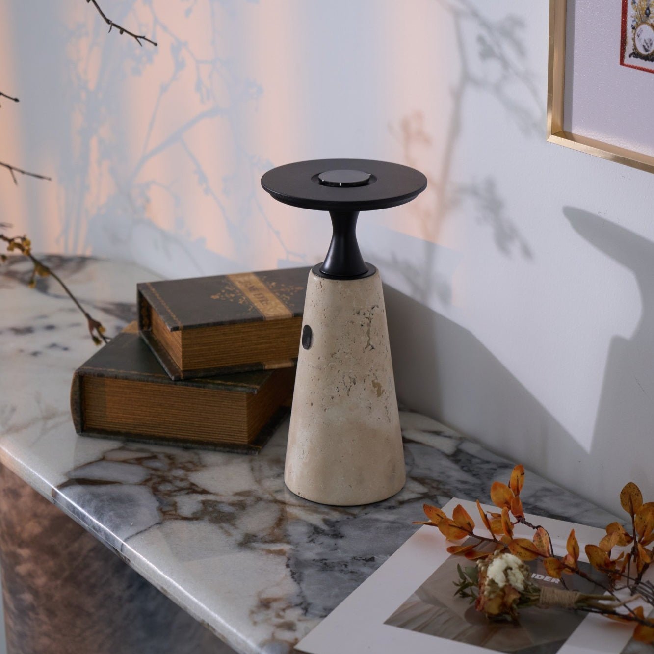 Vespera Sculptural Travertine Table Lamp - Letslighting