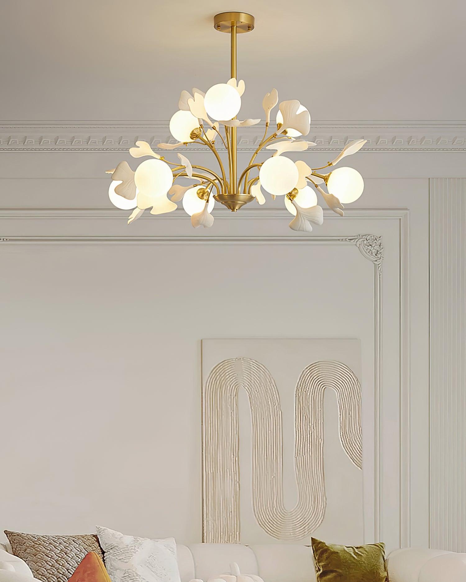 Lustra Chandelier Ginkgo Leaf Brass Ceramic Glass - Letslighting