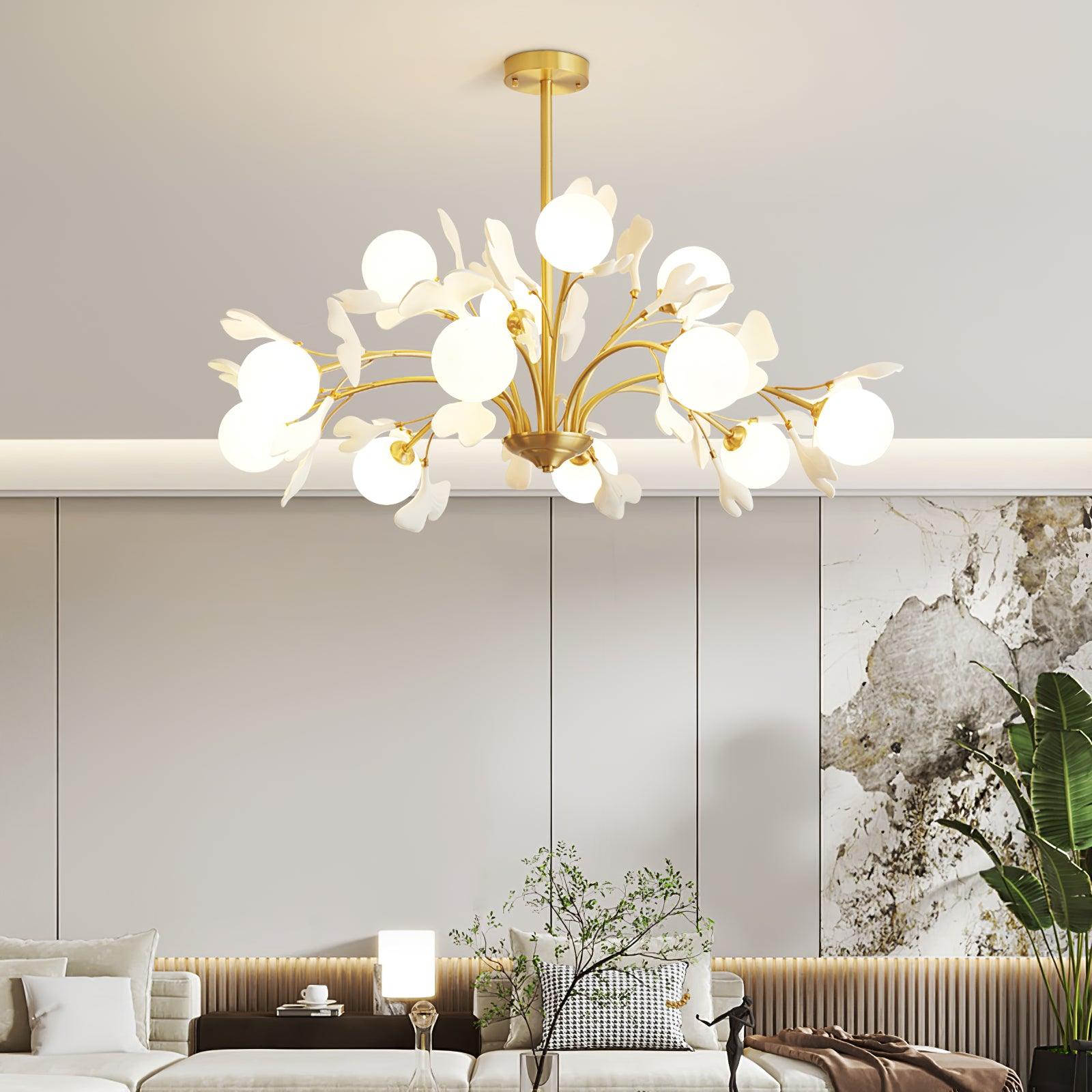 Lustra Chandelier Ginkgo Leaf Brass Ceramic Glass - Letslighting