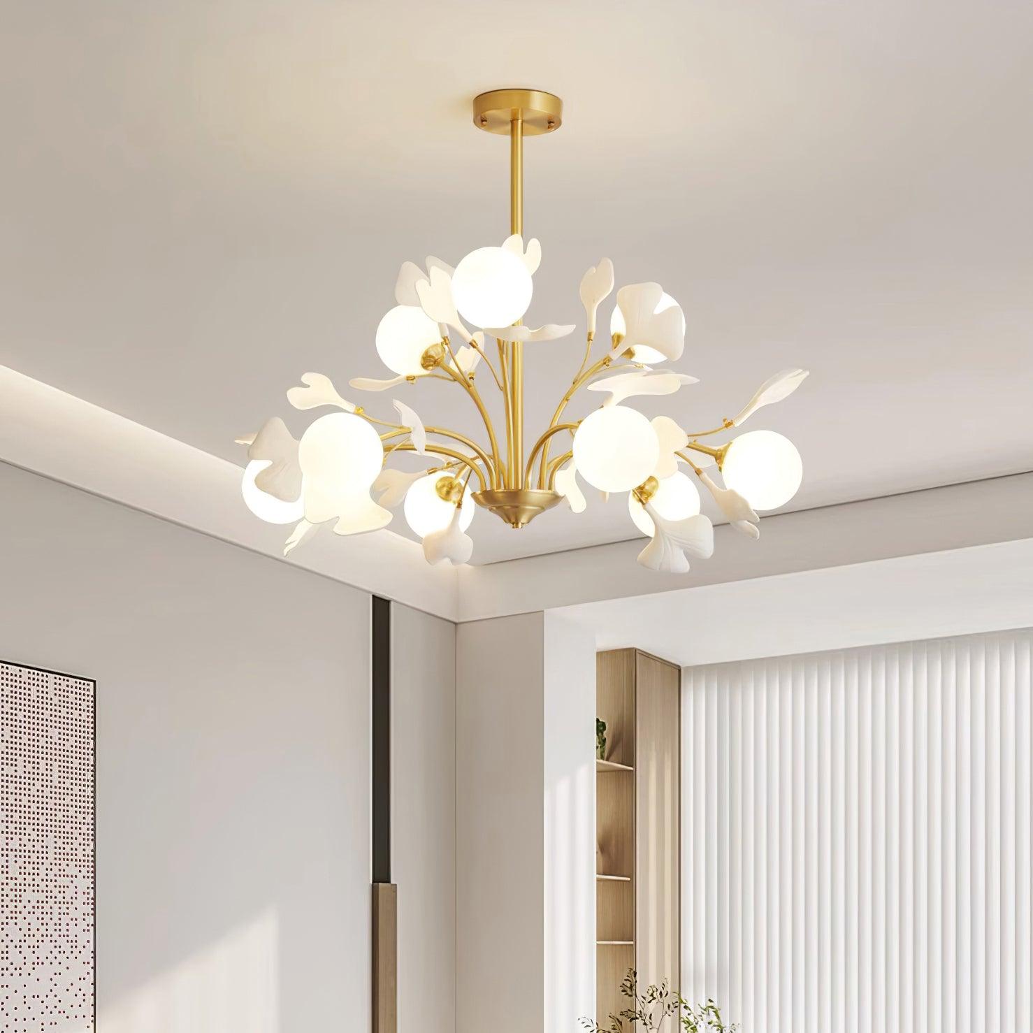 Lustra Chandelier Ginkgo Leaf Brass Ceramic Glass - Letslighting