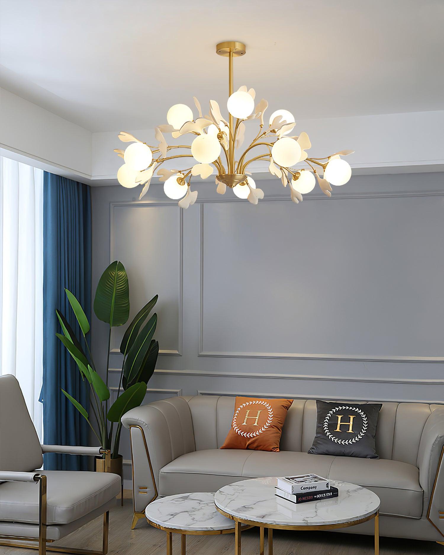 Lustra Chandelier Ginkgo Leaf Brass Ceramic Glass - Letslighting