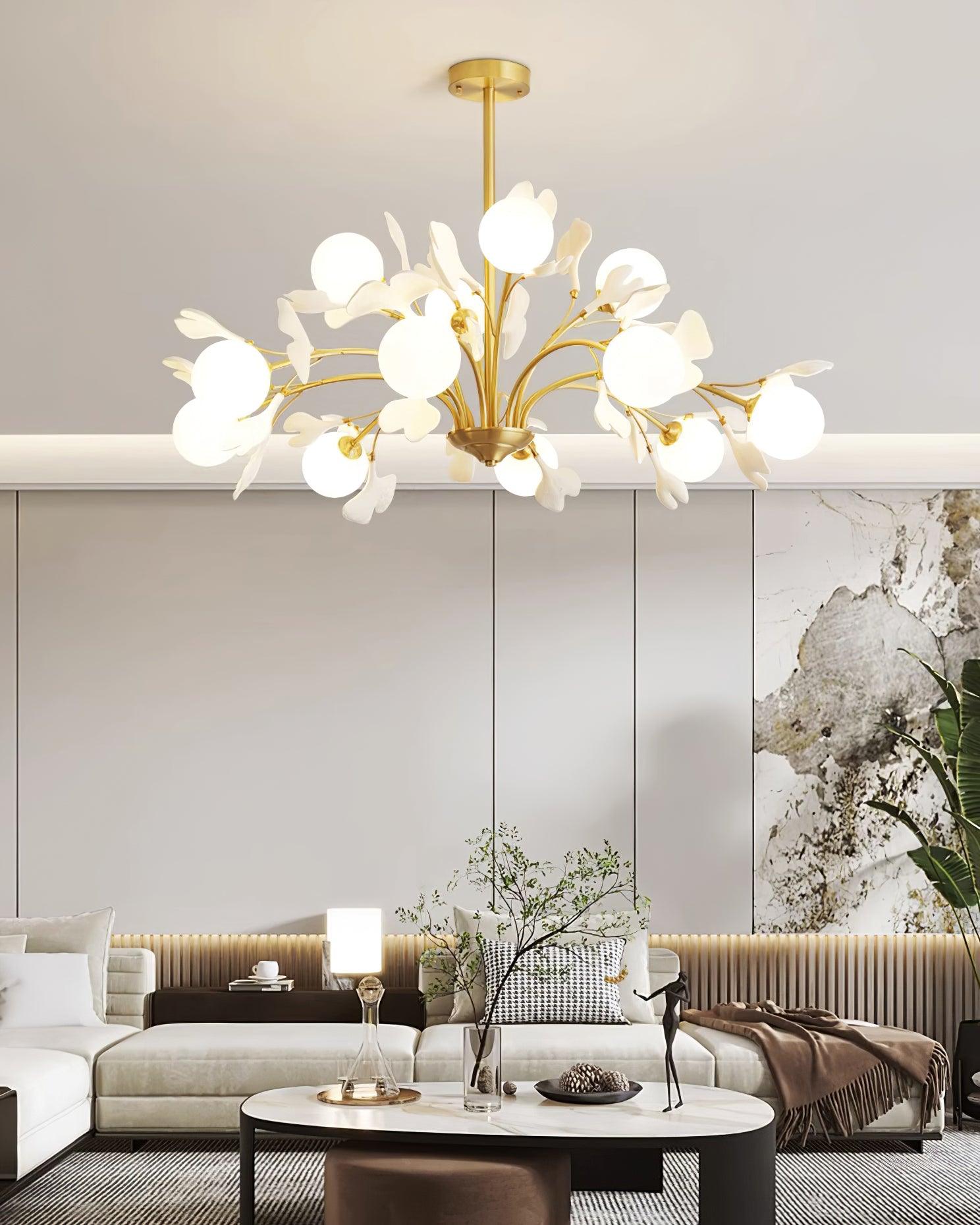 Lustra Chandelier Ginkgo Leaf Brass Ceramic Glass - Letslighting
