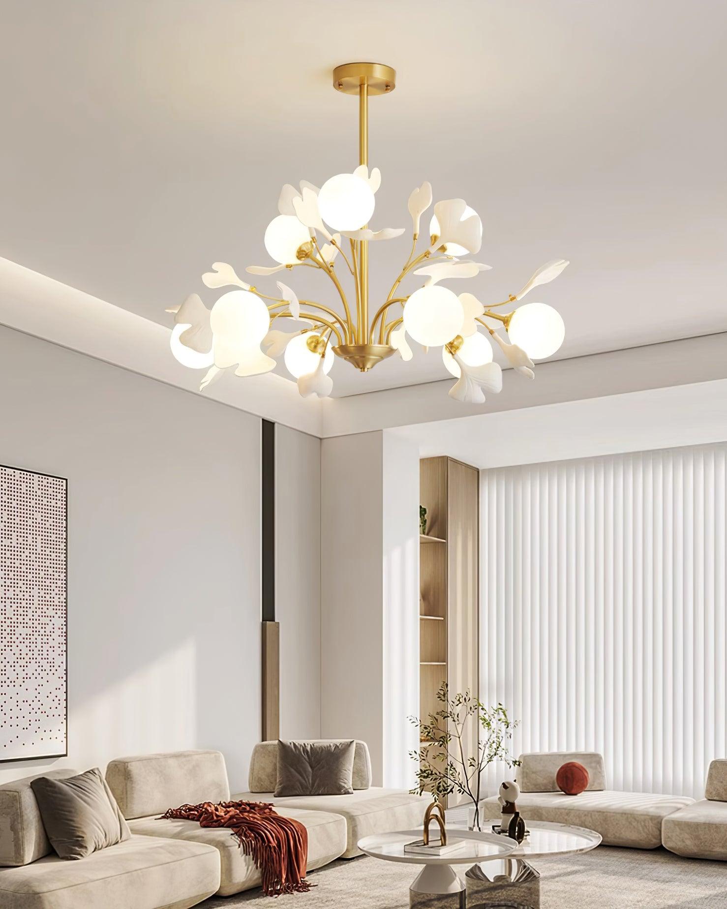 Lustra Chandelier Ginkgo Leaf Brass Ceramic Glass - Letslighting