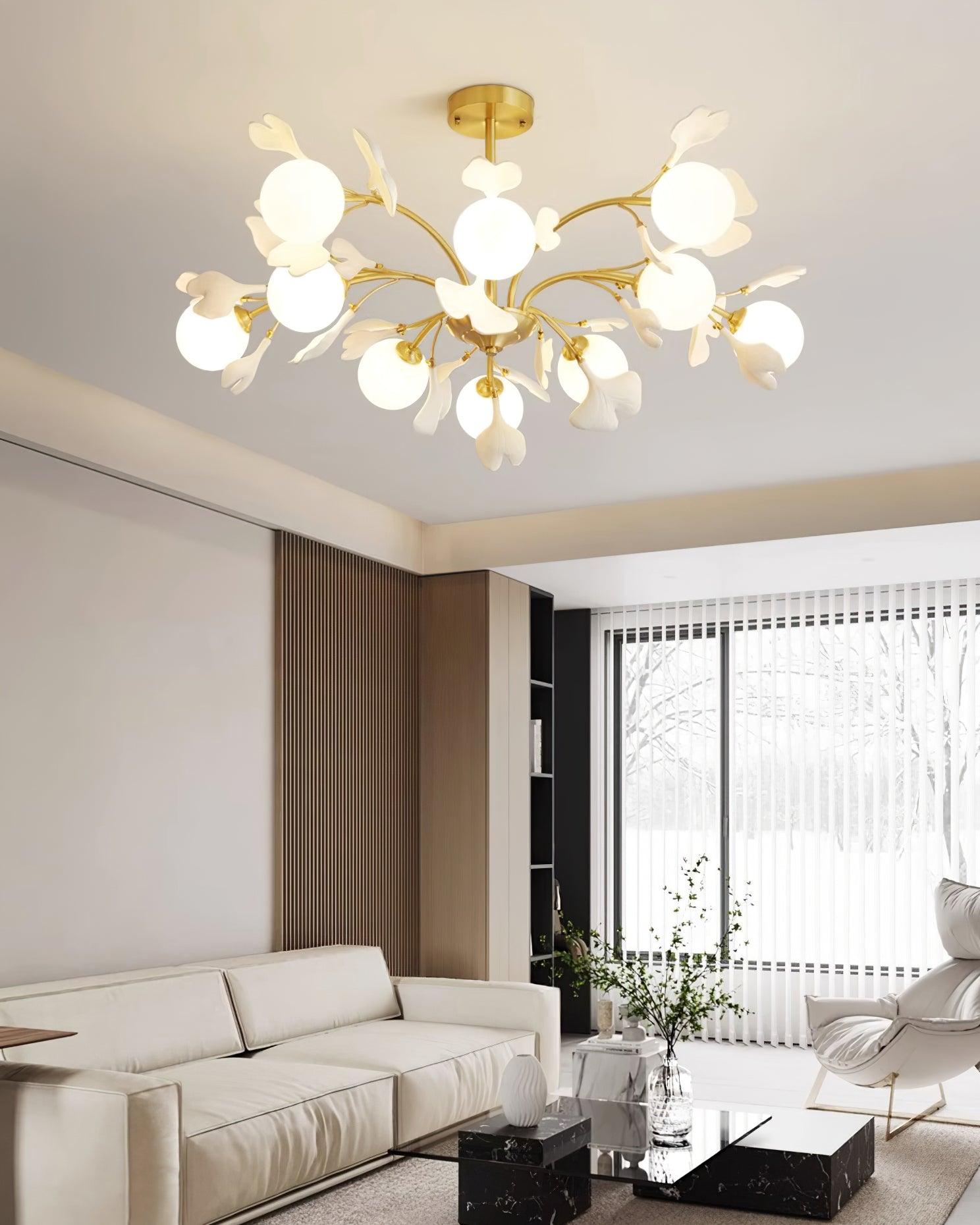 Lustra Chandelier Ginkgo Leaf Brass Ceramic Glass - Letslighting
