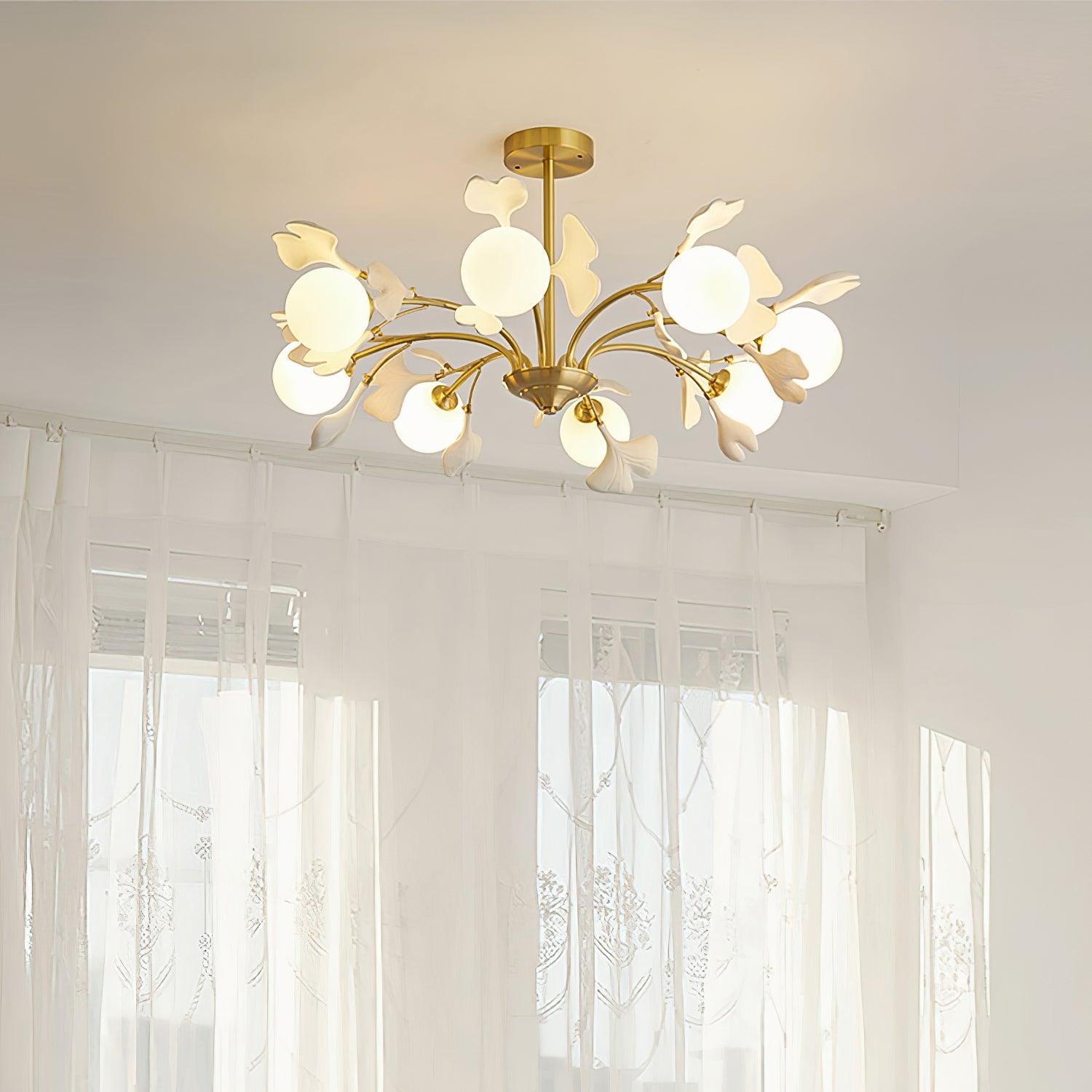 Lustra Chandelier Ginkgo Leaf Brass Ceramic Glass - Letslighting