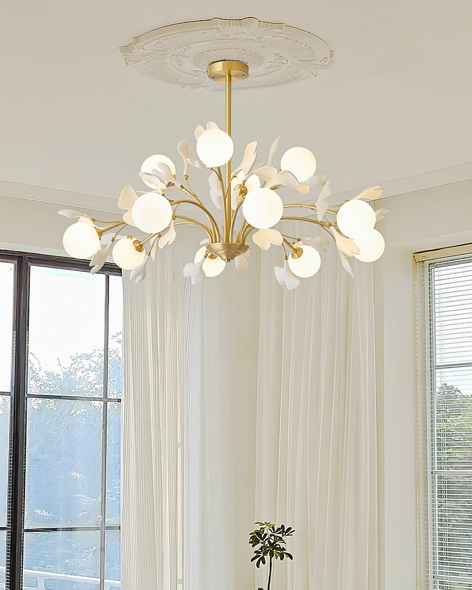 Lustra Chandelier Ginkgo Leaf Brass Ceramic Glass - Letslighting