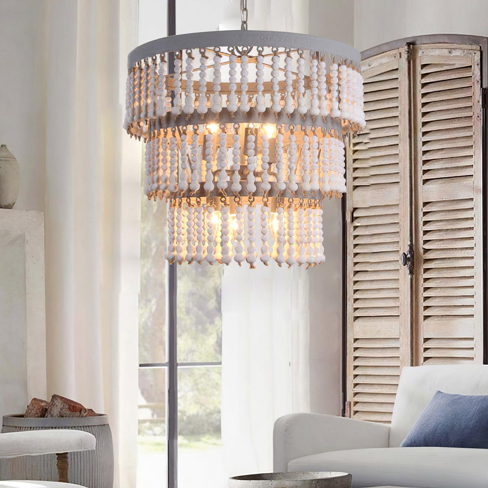 Lustra Chandelier Three Tiered Wood Beaded - Letslighting