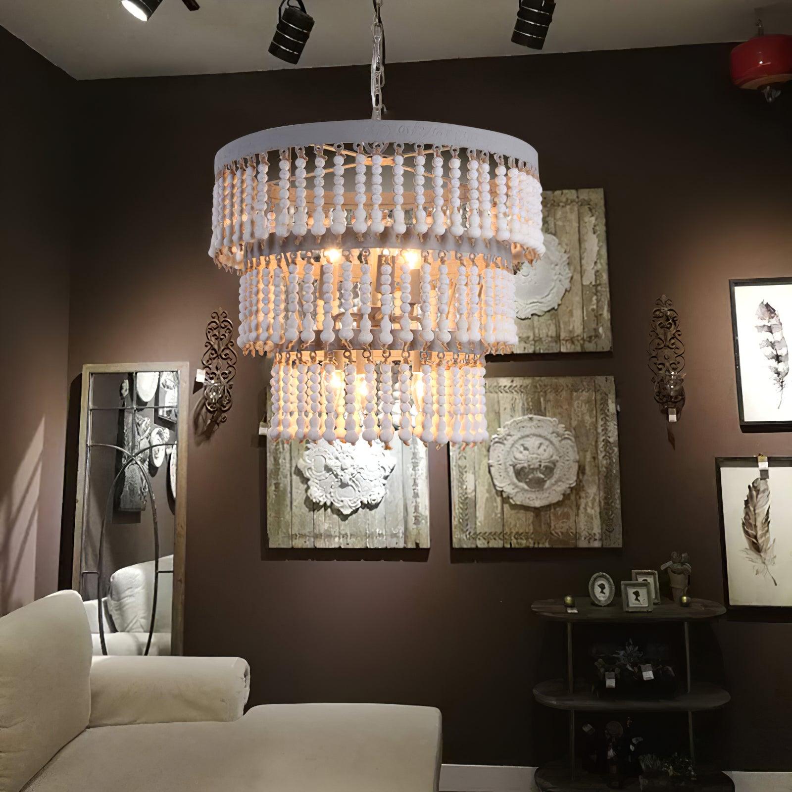 Lustra Chandelier Three Tiered Wood Beaded - Letslighting