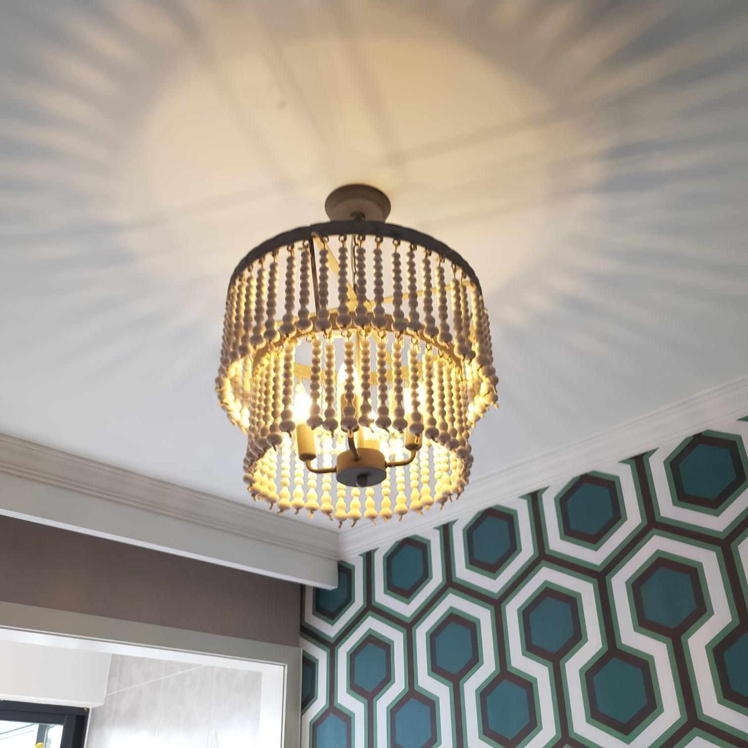 Lustra Chandelier Three Tiered Wood Beaded - Letslighting