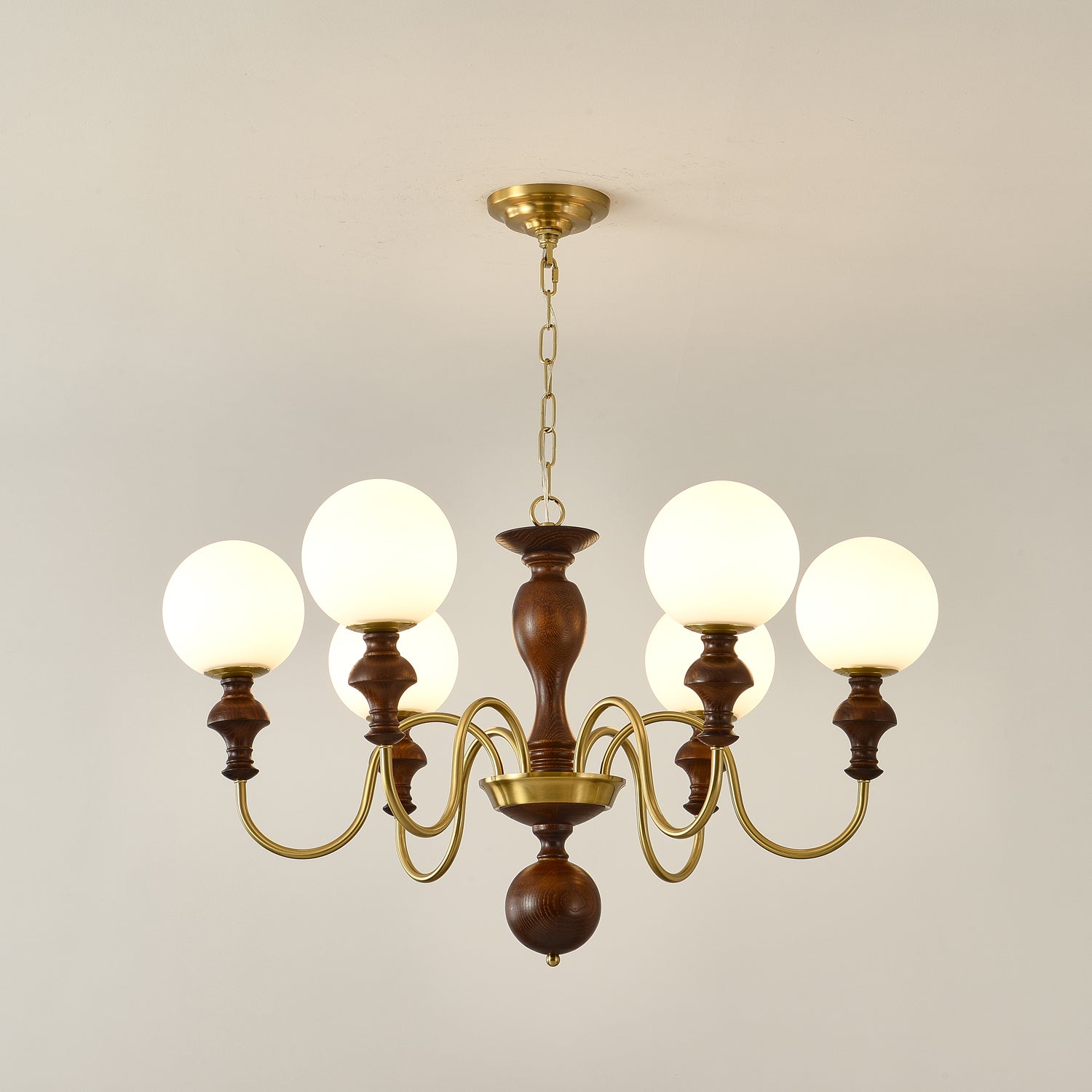 Lustra Chandelier Wood & Brass Timeless Globe - Letslighting