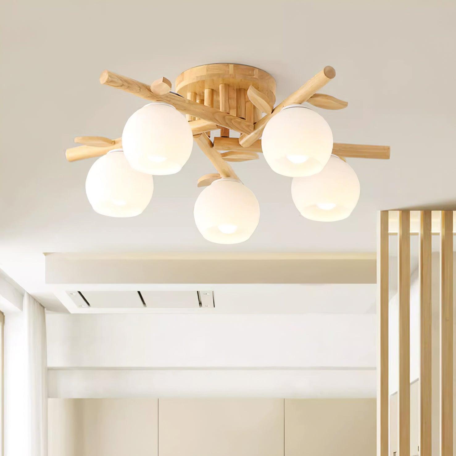 Ceiling Light Wood Body Glass Globes Organic Warm Minimalist - Letslighting